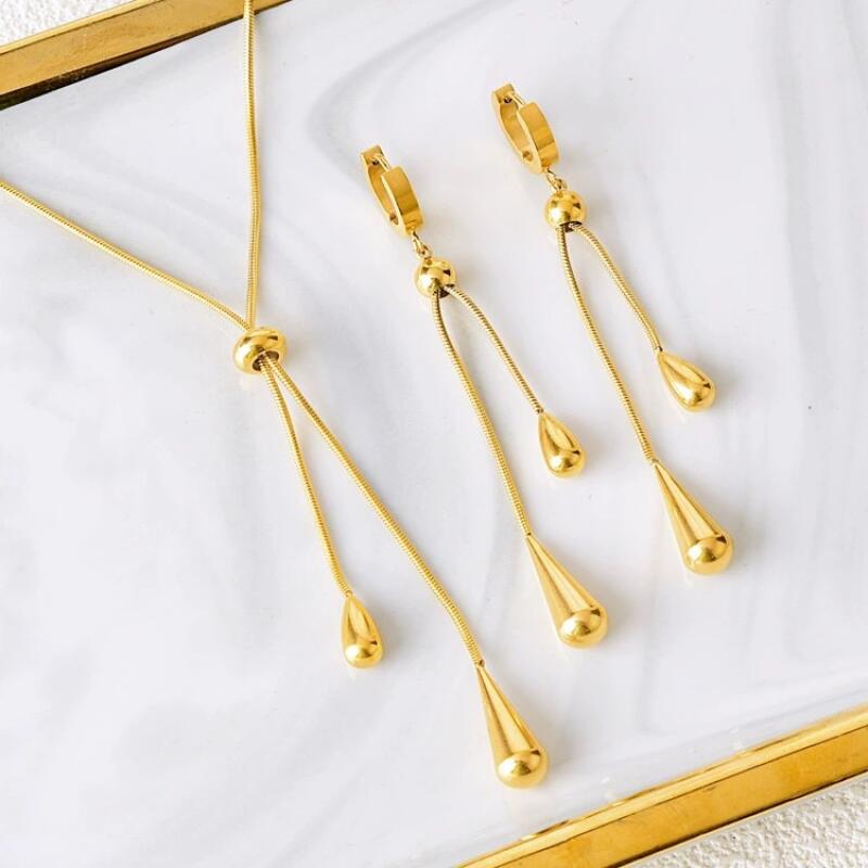 

3pcs Simple Vintage Pull Out Teardrop French Tassel Stainless Steel Ear Clip Necklace Set Birthday Party Party