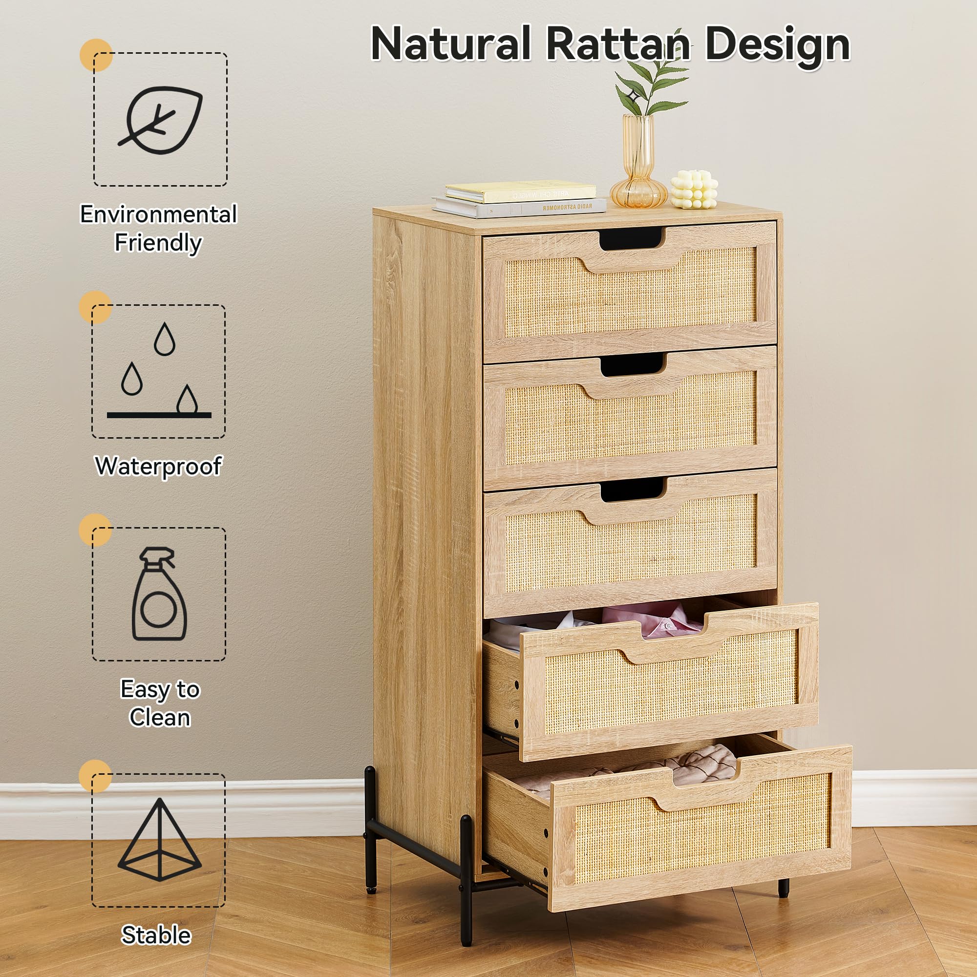 5 drawer Rattan Dresser Tall Storage Organizer Bedroom - Temu
