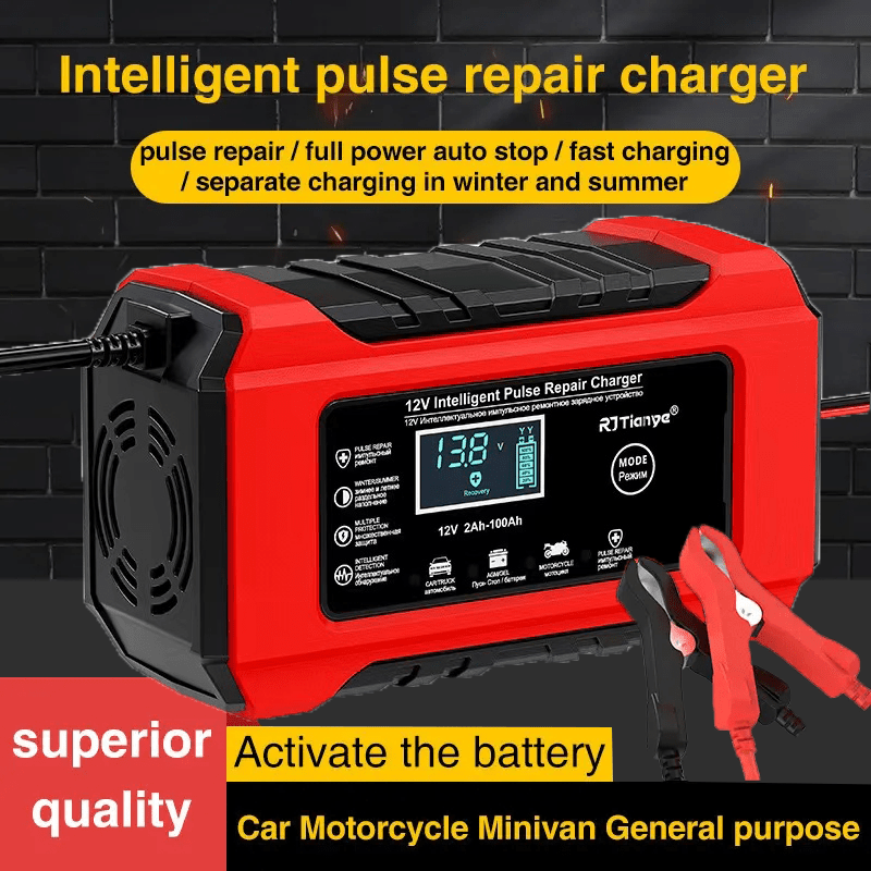 

12v Intelligent Car Battery Charger - Fast 2ah - 100ah Trickle Charger And Maintainer, Equipped With Desulfurization Technology, Temperature-adjustable Charging To Ensure The Of The Battery.