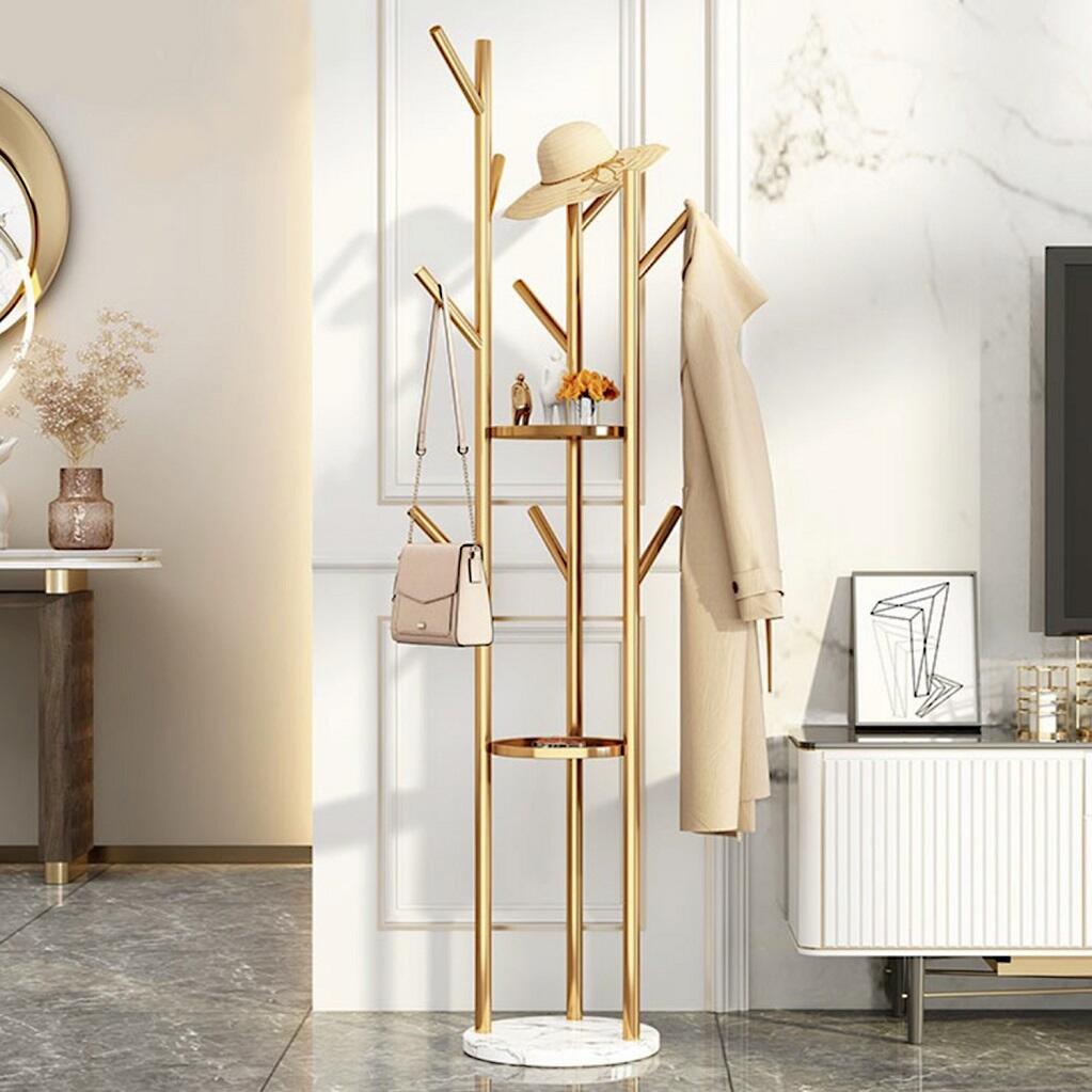 TEMU Wisfor Gold Freestanding Coat Rack Stand Hallway Tree Entryway Clothes Hangers With 3-tier Storage Shelves Stable Stone Base For Living Room Furniture