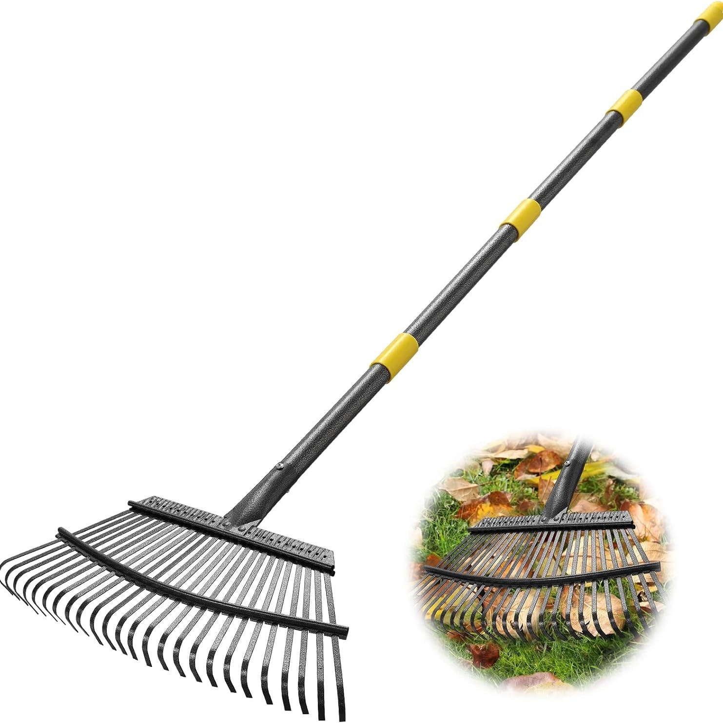 

Garden Leaf Rakes, 65 Inch Rakes For Lawns Heavy Duty 25 Metal Tines 18.5 Inch Wide, Adjustable Long Steel Handle, Rakes For Leaves, Gathering Shrub, Leveling Grass, Flower Beds, Yards