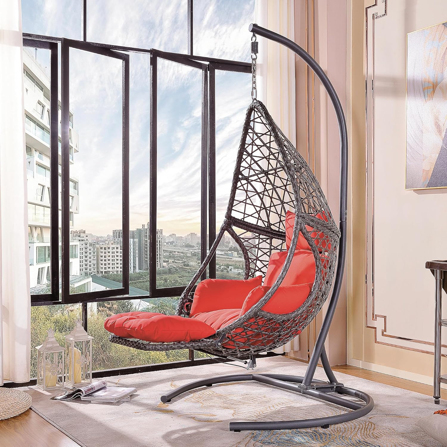

Egg Chair Cozy Hanging Swing Chair Set: Wicker Rattan Basket Chair With Arc Stand - Indoor & Outdoor Freestanding Moon Hammock Chair With Cushion, Perfect For Patio, Porch, Or Balcony