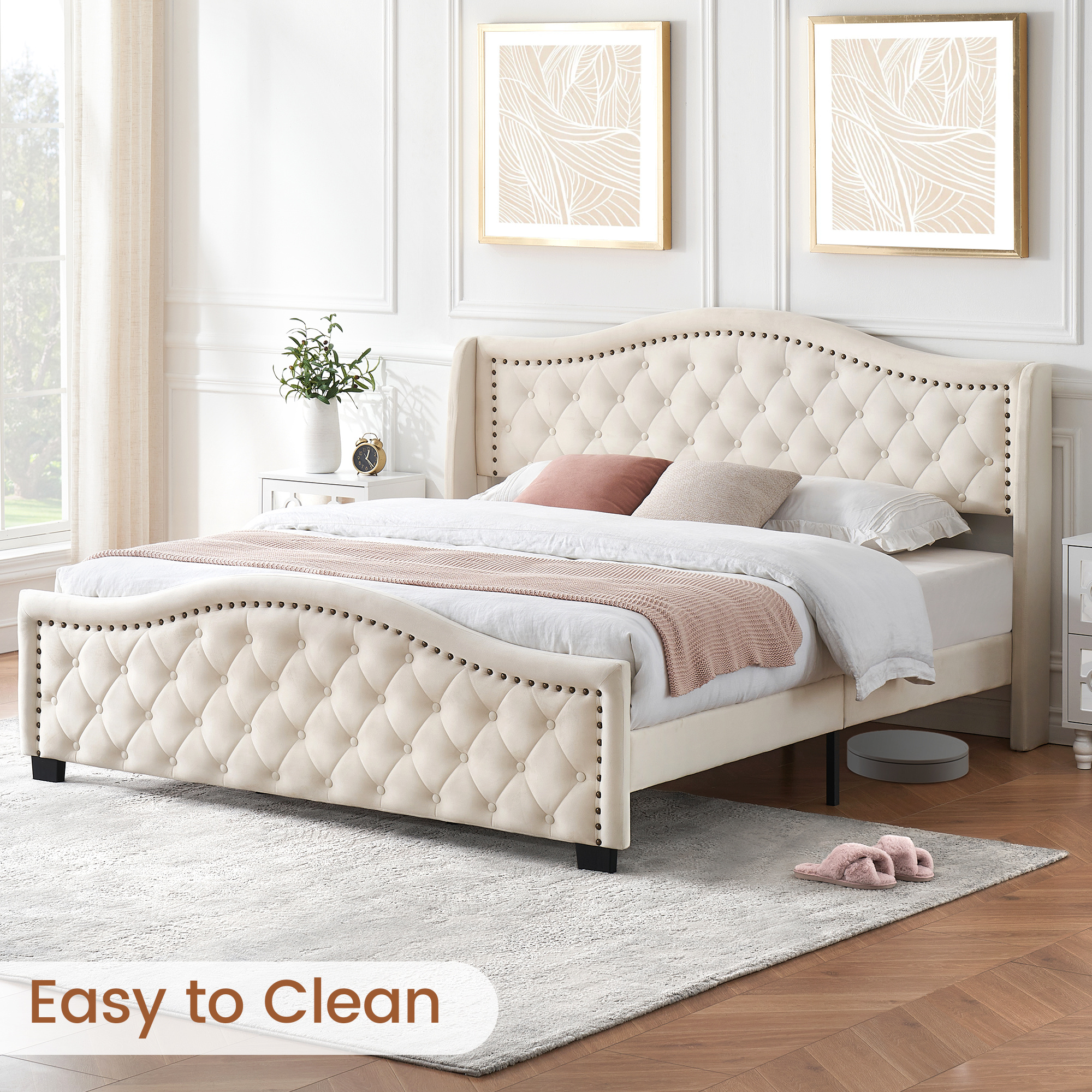 

King Size Upholstered Platform Bed Frame With Tall Headboard 47.2", King Bed With Velvet Button Tufted & Nailhead Trim Wingback Headboard, Luxurious Arched Footboard, Beige