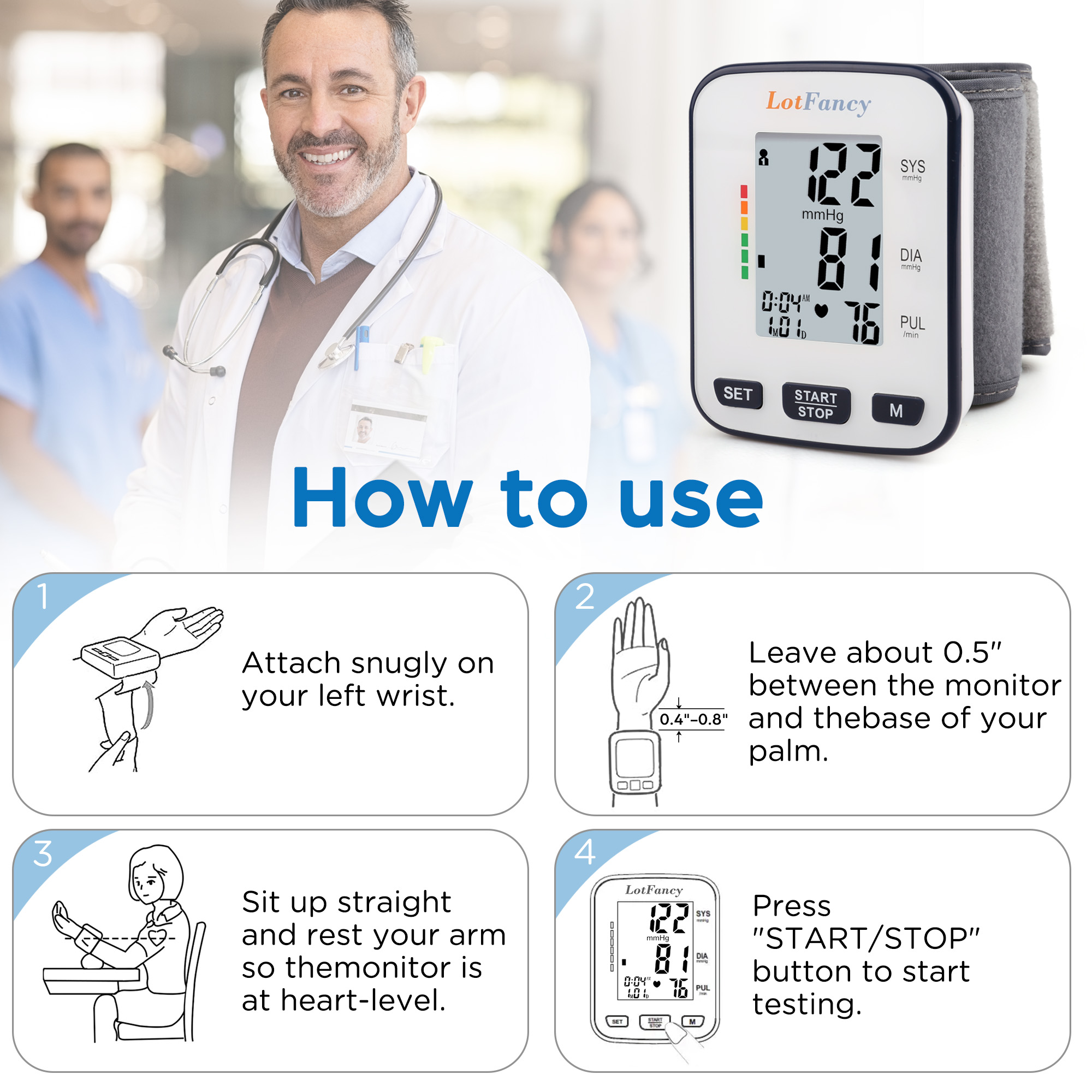 wrist   for home use blood pressure machine adjustable wrist cuff 5 3 8 5 digital bp machine with large lcd display 120 memory with carrying case Product details 1