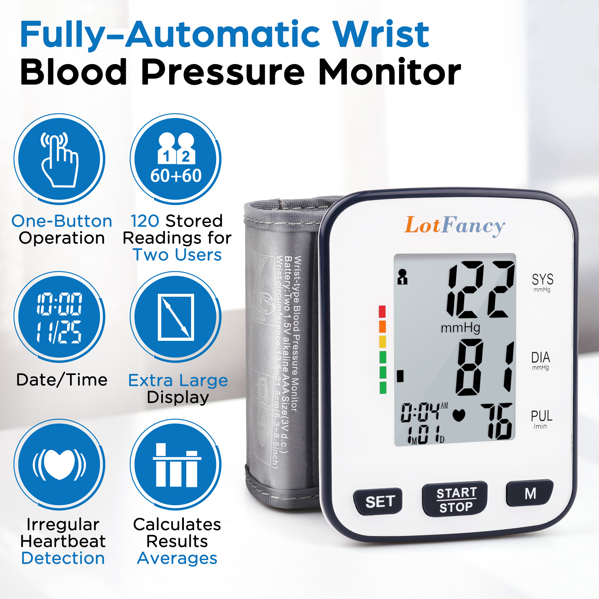 wrist   for home use blood pressure machine adjustable wrist cuff 5 3 8 5 digital bp machine with large lcd display 120 memory with carrying case Product details 2