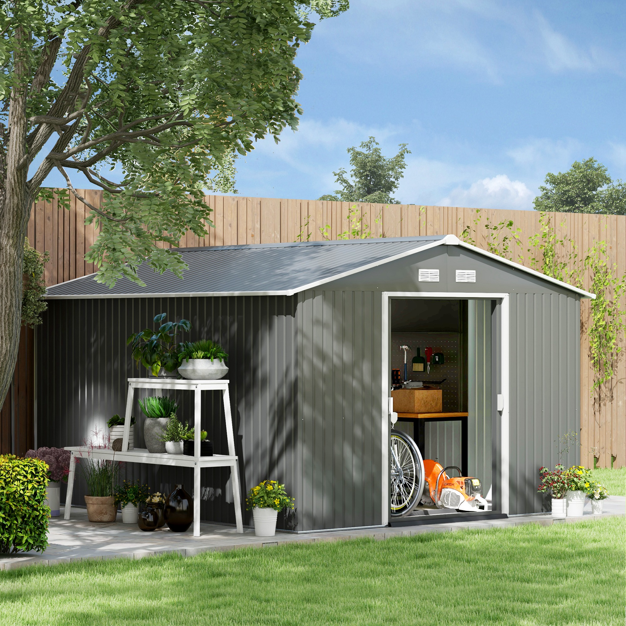 

Outsunny 11' X 9' Outdoor Storage Shed, Garden With Foundation Kit, 4 Vents And Sliding Doors For Backyard, Patio, Garage, Lawn, Gray