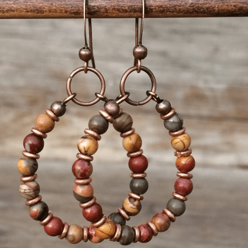 

2pcs Vintage Synthetic Stone Geometric Drops Beads Bohemian Copper Colorful Earrings Woman Party Seaside Vacation