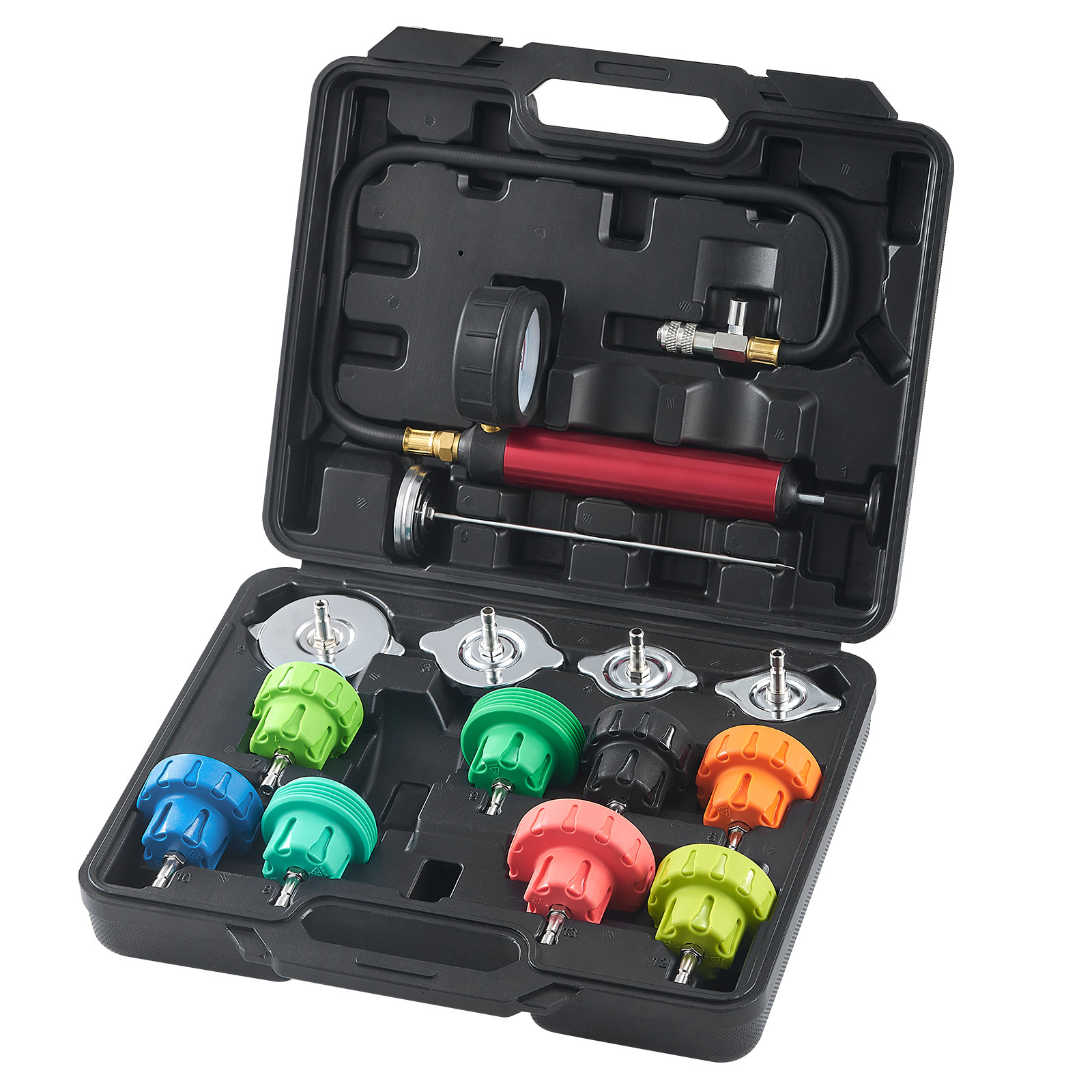14 piece radiator pressure tester set   manual pump diverse steel adapters in colors packaged in a handy toolbox suitable for testing cooling systems in vehicles motorcycles and details 0