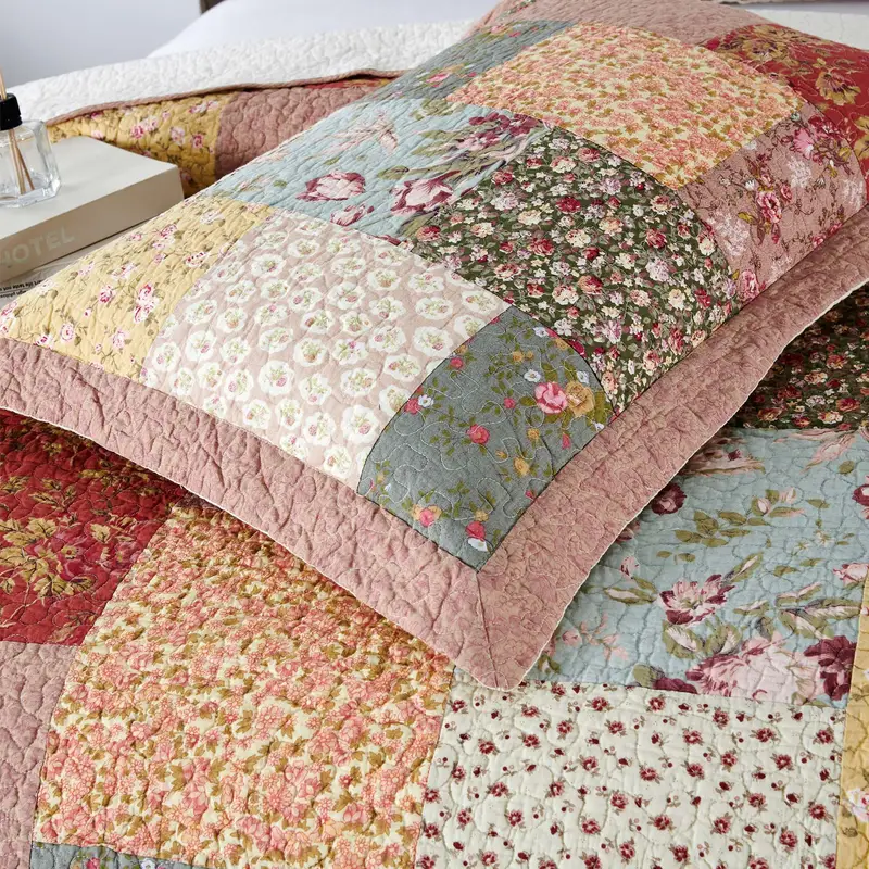 2pcs red hand finished cotton pillow sham set luxuries floral pattern shabby chic country bedding for home cabin rv guestroom and bedroom Product details 6