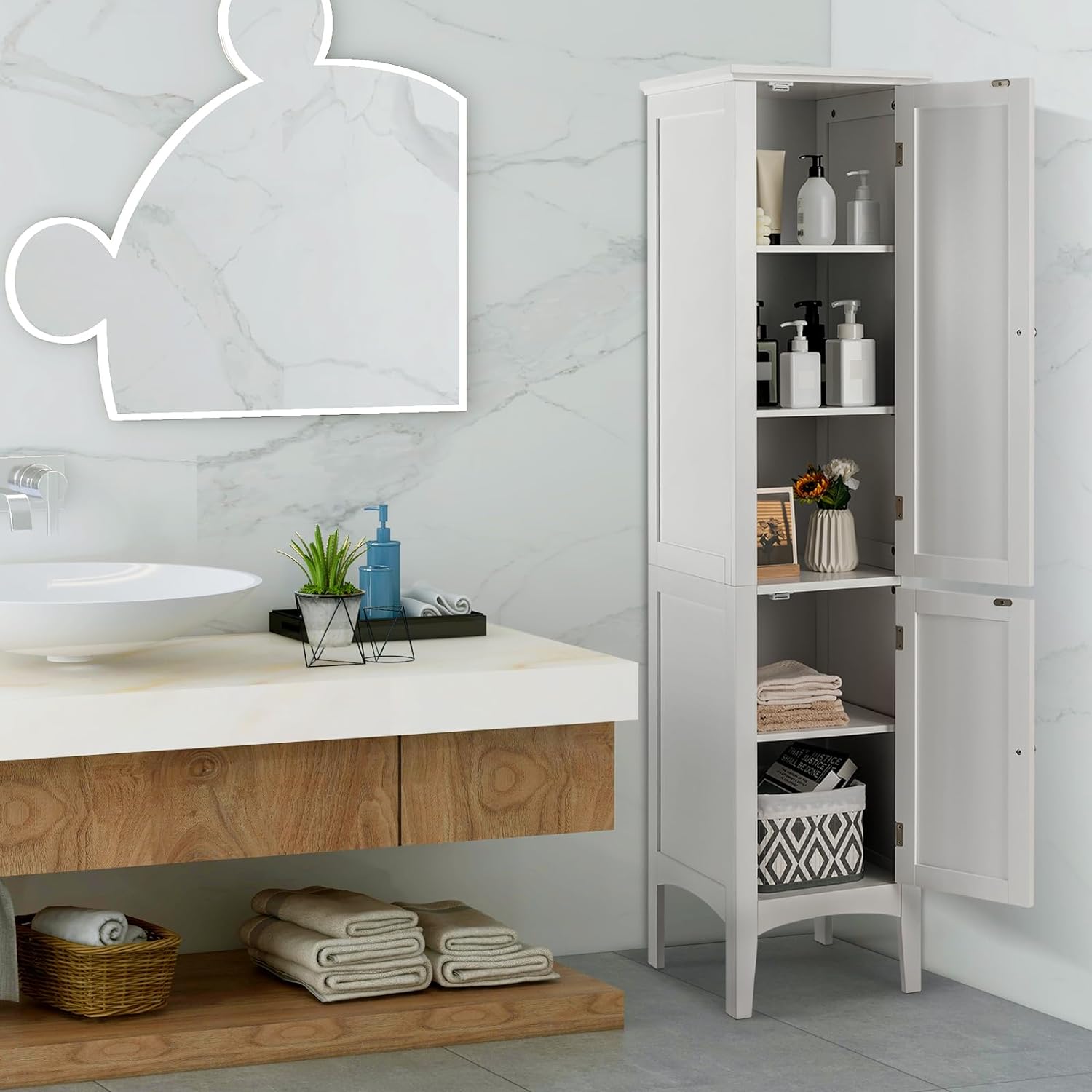 Costway Tall Bathroom Storage Cabinet, 5-tier Freestanding Linen Tower Cabinet With 2 Doors ...