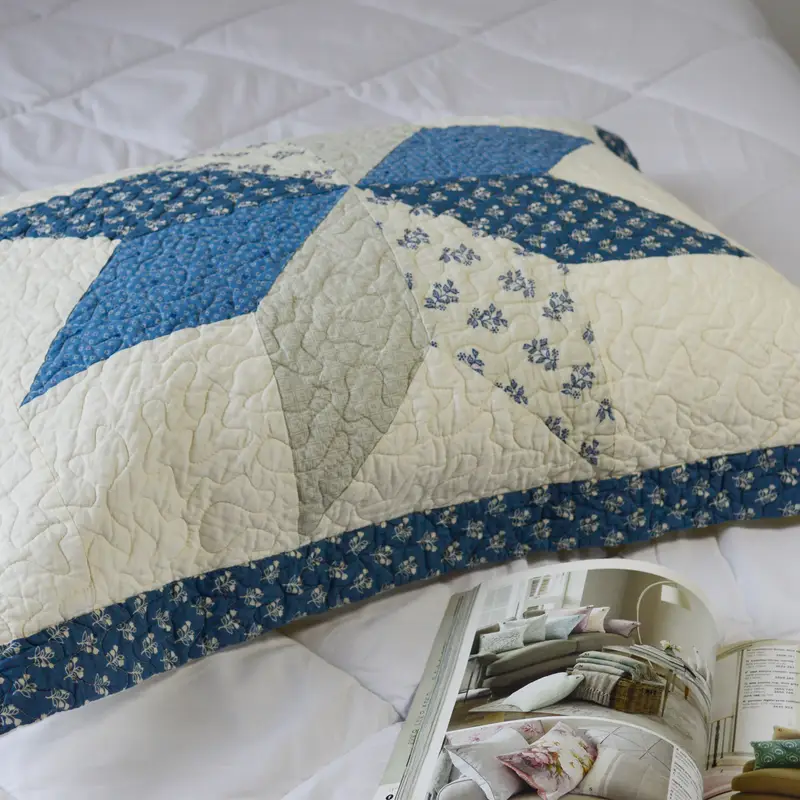 2pcs blue hand finished cotton pillow sham set luxuries floral pattern shabby chic country bedding for home cabin rv guestroom and bedroom Product details 5