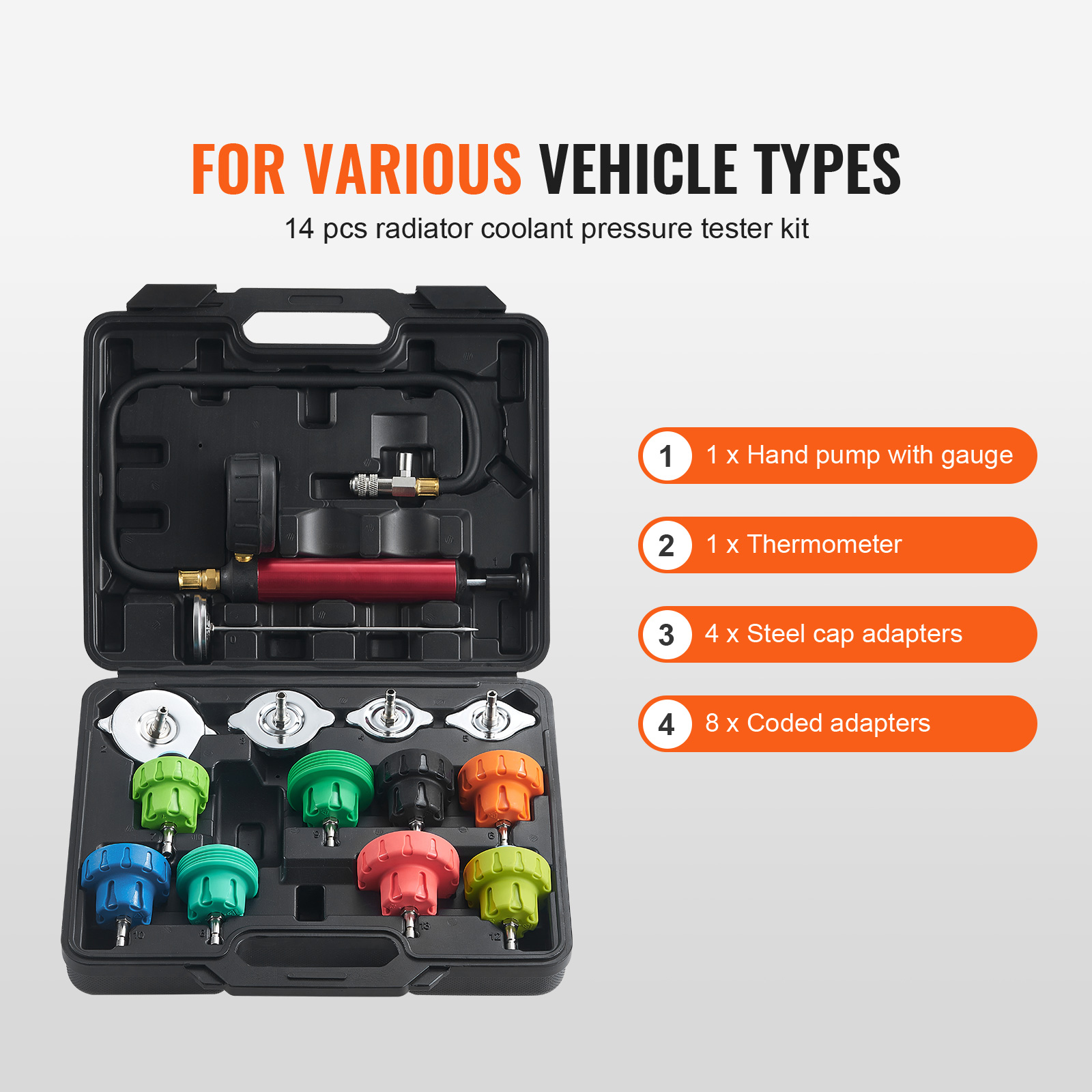 14 piece radiator pressure tester set   manual pump diverse steel adapters in colors packaged in a handy toolbox suitable for testing cooling systems in vehicles motorcycles and details 1