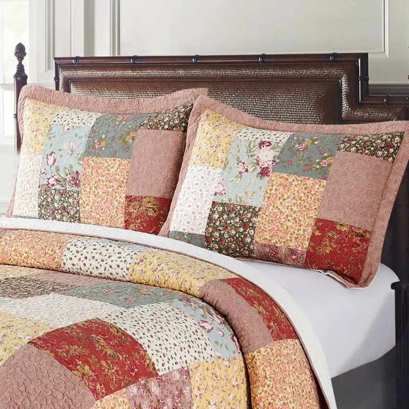 2pcs red hand finished cotton pillow sham set luxuries floral pattern shabby chic country bedding for home cabin rv guestroom and bedroom Product details 5