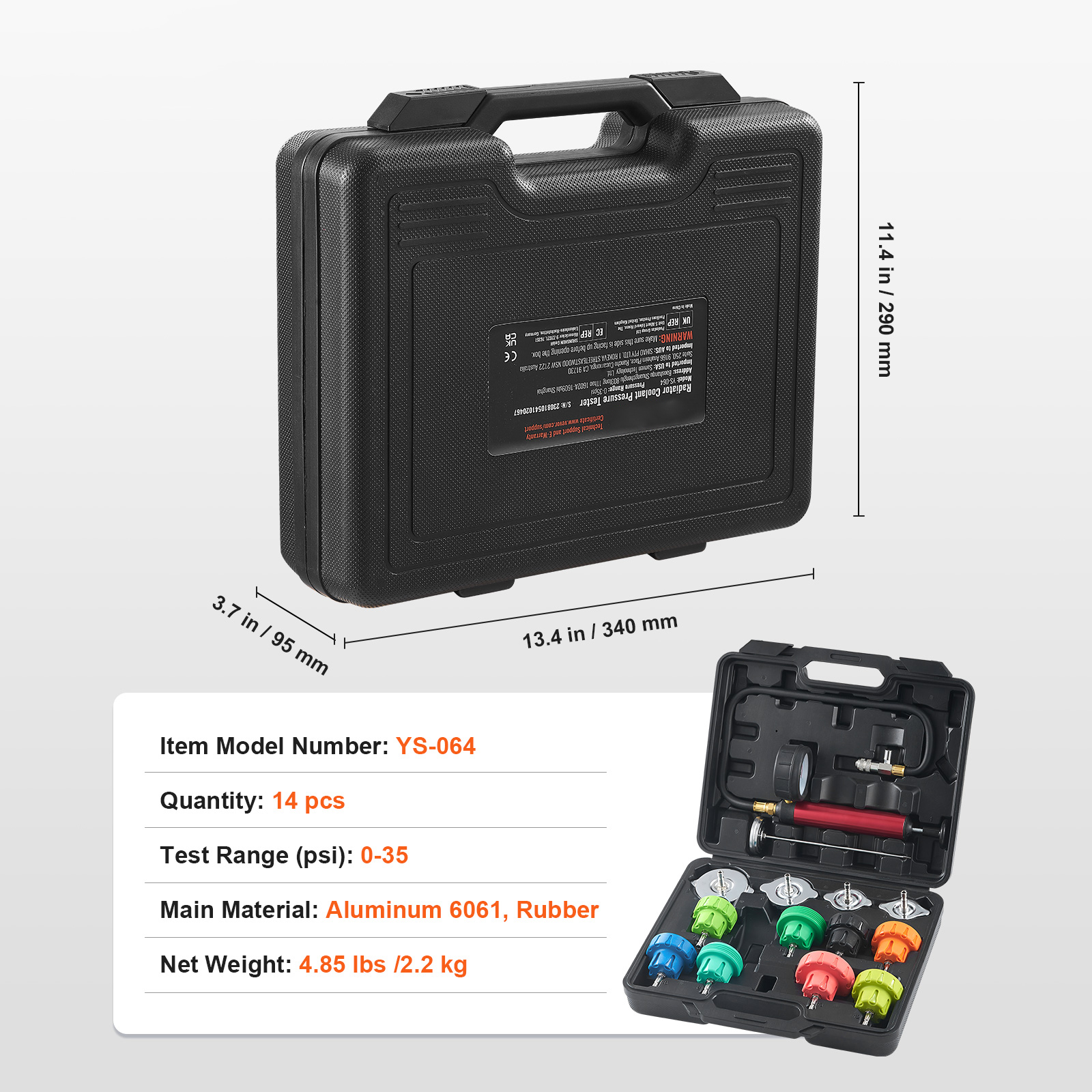 14 piece radiator pressure tester set   manual pump diverse steel adapters in colors packaged in a handy toolbox suitable for testing cooling systems in vehicles motorcycles and details 2