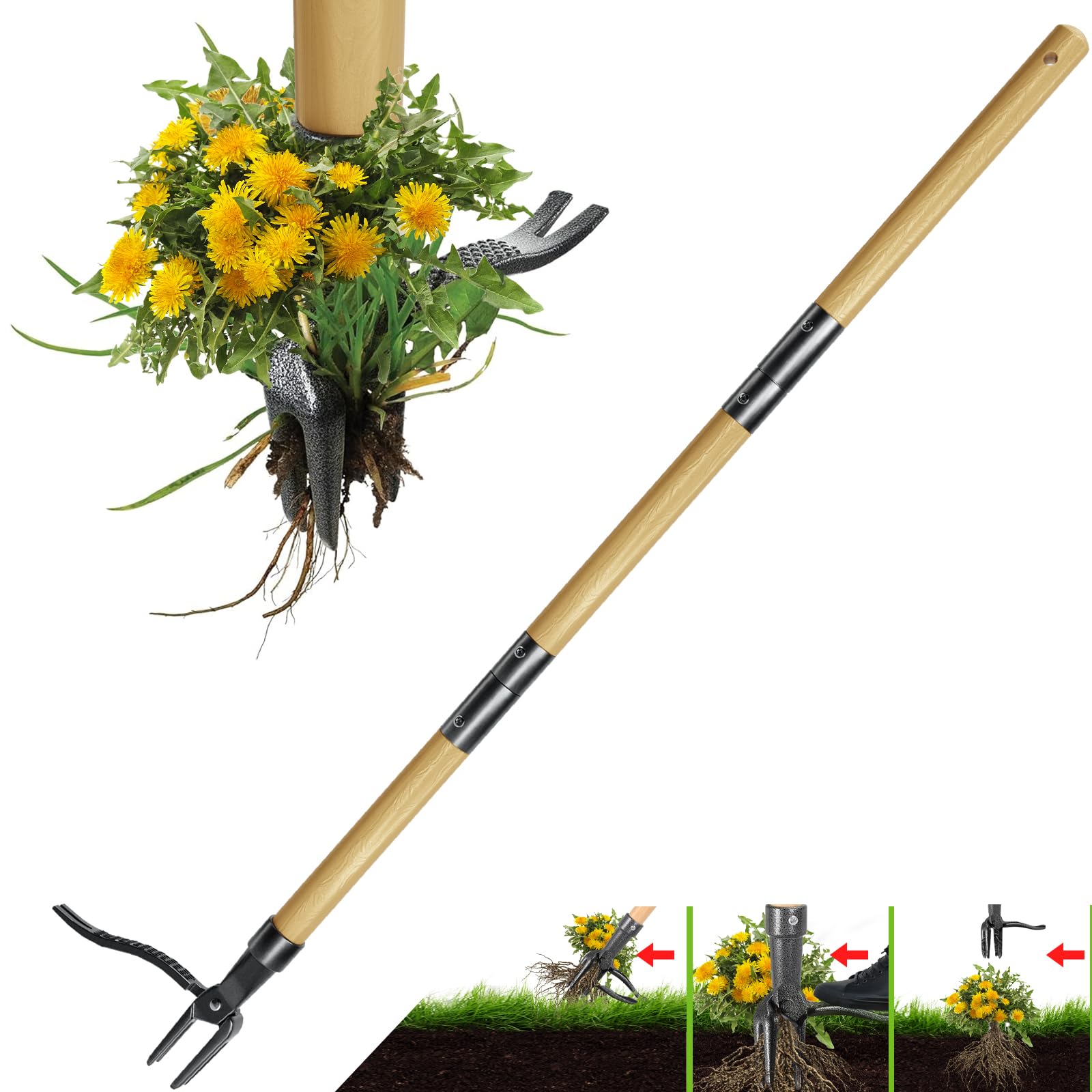 

The Original Stand Up Puller Tool With Long Handle - Made With Real Bamboo & 4-claw Steel Head Design - Easily Remove Weeds Without Bending, Pulling, Or Kneeling