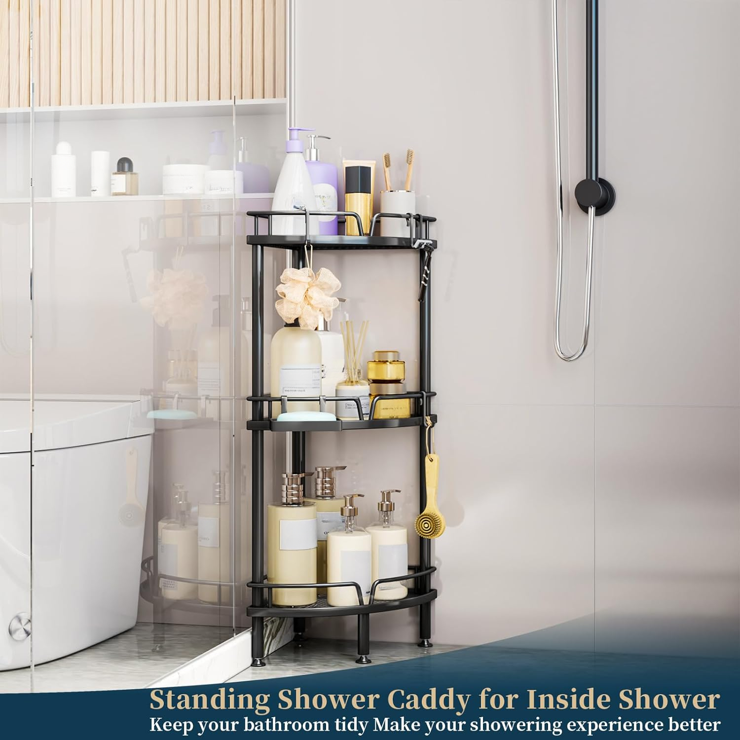 

Black Bathroom Shower Storage, 4-tier Or 3-tier Corner Shelf With Soap Rack, Vertical Tall Floor Standing Shower Basin Shelf