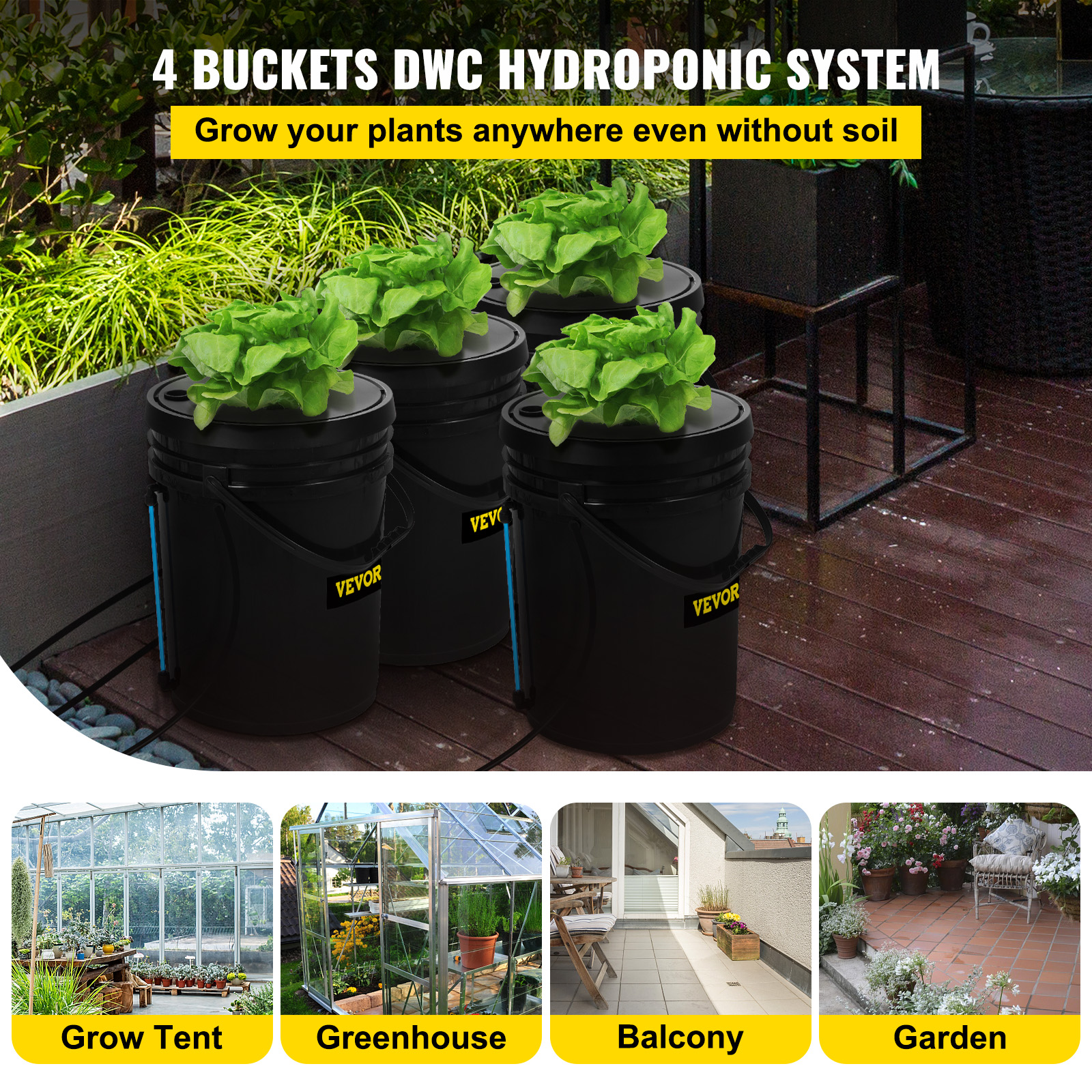 

Vevor 4 Buckets Dwc Hydroponic System, 5 Gallon, Deep , Plants Grow Kit With Pump, Air Stone And Water Level Device, For Indoor/outdoor Vegetables, Black