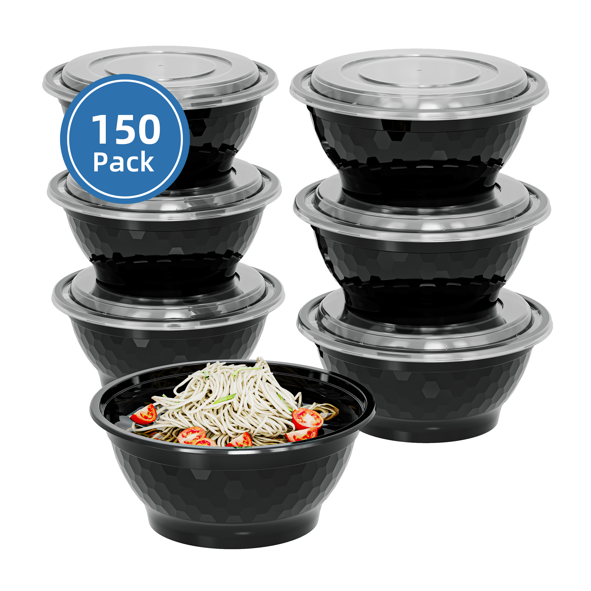 

150-pack Large Disposable Meal Prep Bowls Containers, 38/42/48oz - Plastic Bowls With Lids For Soup, Salad - Reusable Food Storage Container - Bpa Free, Microwave/dishwasher/freezer Safe