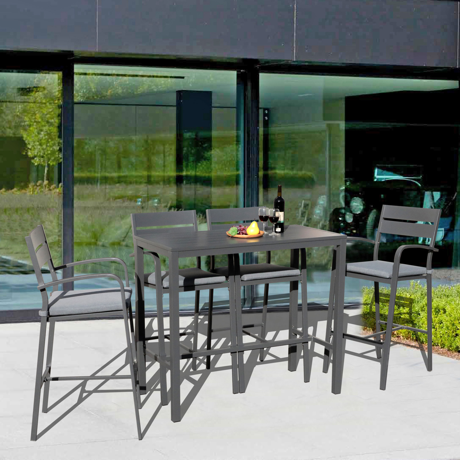 FOOWIN 3-Piece Outdoor Bar Set - Grey HDPE Adirondack Bar Chairs & Table, All-Weather Patio Furniture For Bistro, Poolside, Backyard