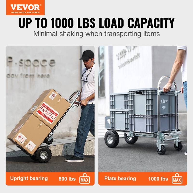 SHZOND 2-in-1 Aluminum Hand Truck Dolly – 1000lb Capacity, Folding Convertible Utility Cart With 10" Pneumatic Tires, 800995741342