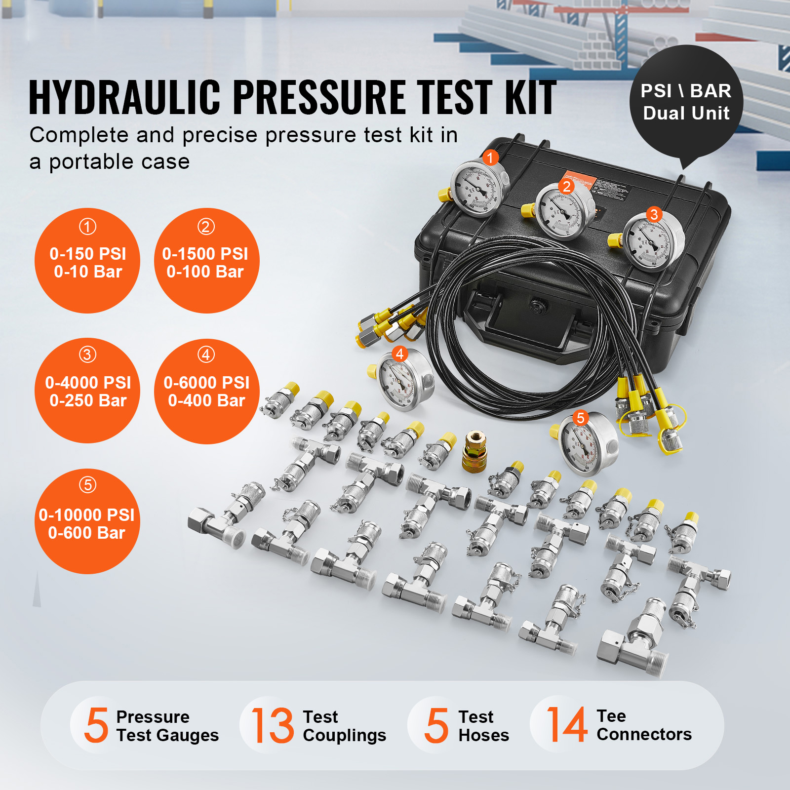 

Vevor Hydraulic Kit, 10//250/400/600bar, 5 Gauges 13 Couplings 14 Tee Connectors 5 Test Hoses, Excavator Hydraulic Test Gauge Set With Carrying Case For Excavator Tractors Machinery