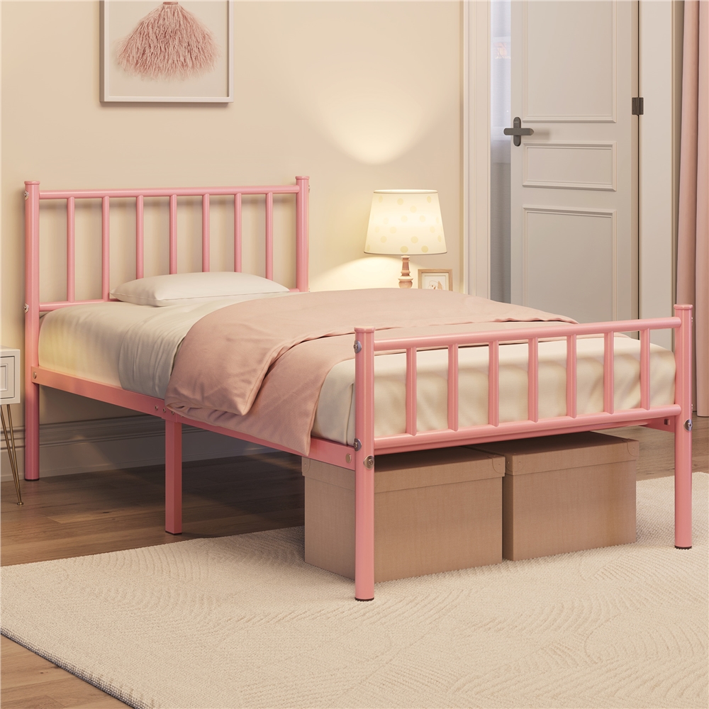 

Metal Bed Frame With Vertical Bar Headboard And Footboard, 13 Inches Underbed Storage, 12 Built-in Metal Slats, Spring Needed