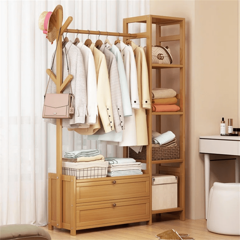 

Bamboo 39" W Clothing Rack Storage Shelves Garment Hanging With Door, Free-standing Garment Stand, Multi-functional Storage Organizer For Bedroom, Dressing Room, Boutique, Laundry, Balcony