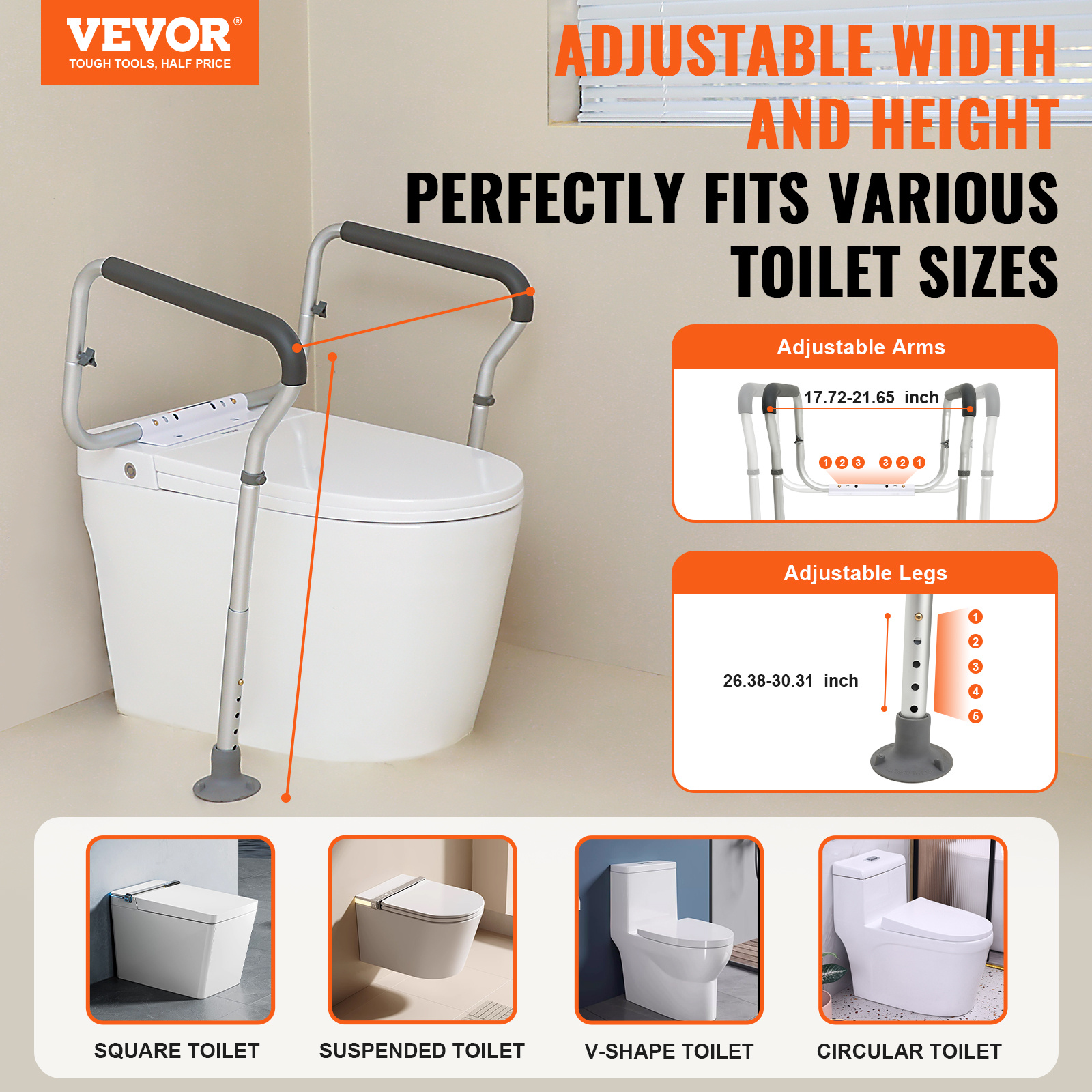 

Vevor , Bathroom Toilet Seat Frame, Adjustable Width & Height Fit Most Toilets, Supports 300lbs, Toilet Handles Grab Bars With Padded Armrests For Handicap, Disabled, Seniors