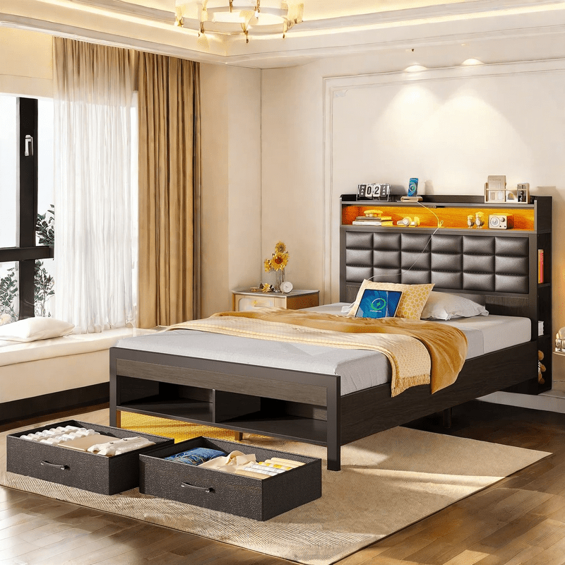 

Bed Frame Twin Full Queen Size With Storage Headboard And 2 Drawers, Upholstered Platform Bed With Charging Station And Led Light, Heavy Duty Frame Support, Spring Needed, , Easy , Black