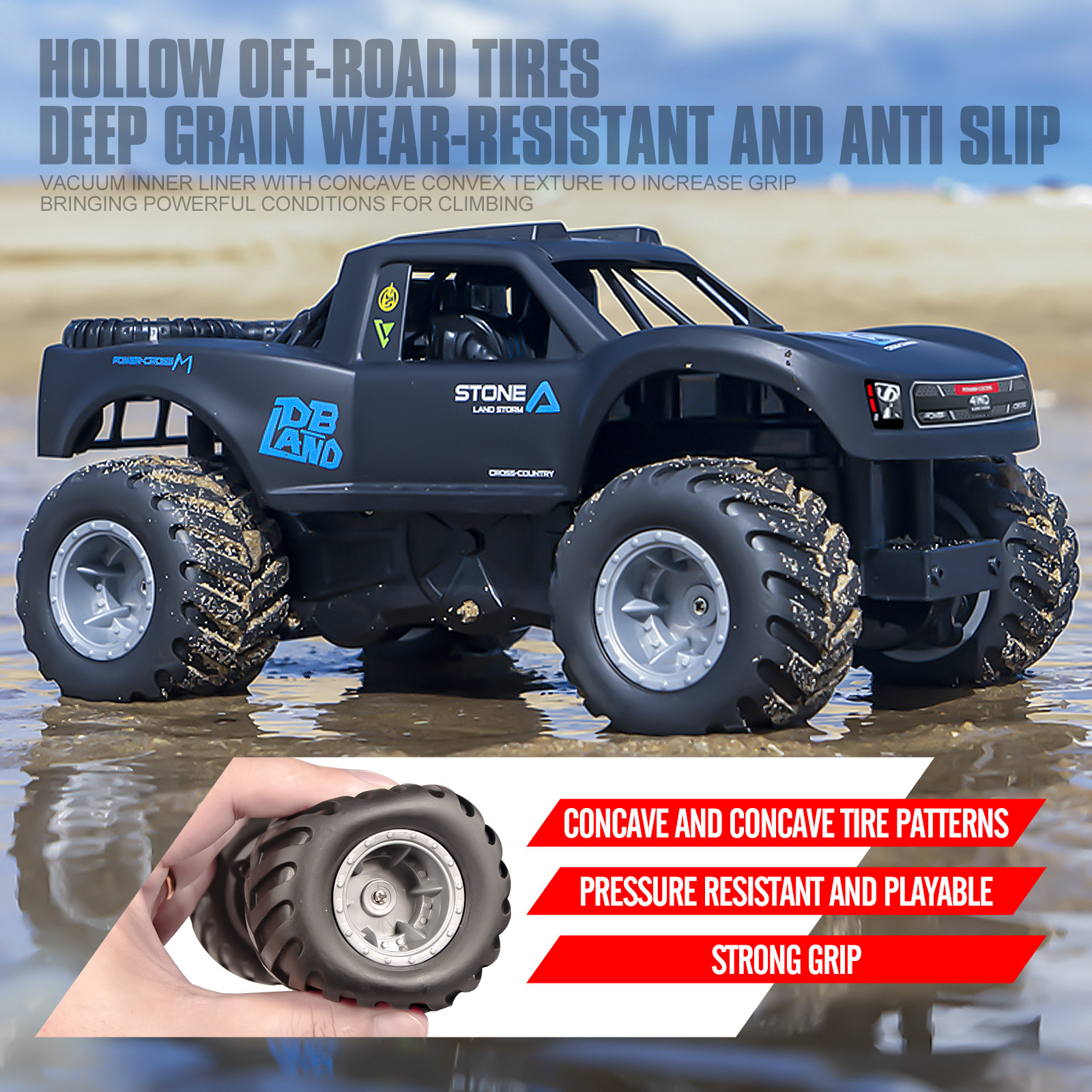 RC Trucks 4x4 Offroad Waterproof 1:16 Amphibious Remote Control Car with 2 Rechargeable Battery 4WD All Terrain Monster Truck RC Car for Boys 4-7 gift present