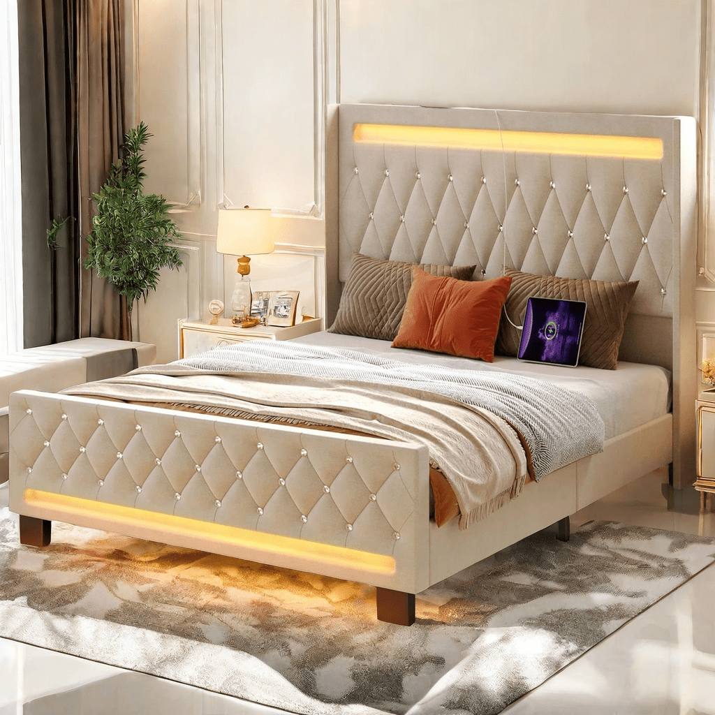 

Twin/full/queen/king Bed Frame With Led Light And Charging Station, Upholstered High Headboard And Footboard, Wood Slats, Noise Free, Easy Assembly,