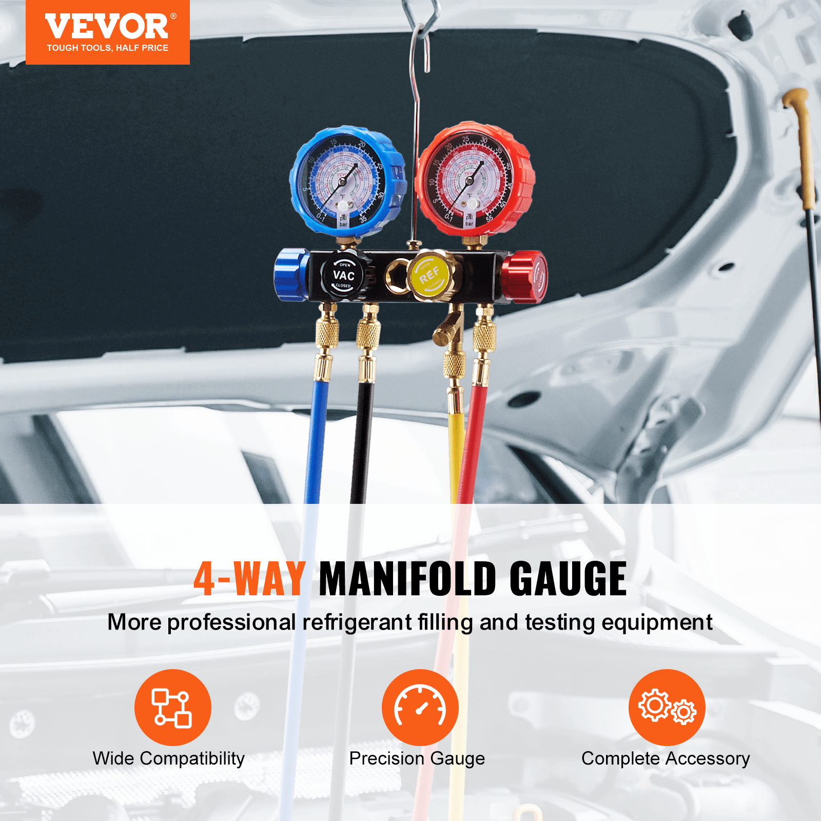 

Vevor 4 Way Ac Gauge - Ac Manifold Gauge Set For R134a R22 R12 R410a Refrigerant, Gauges With 5ft Hoses, Couplers, Can On Car Auto Charging And Evacuation