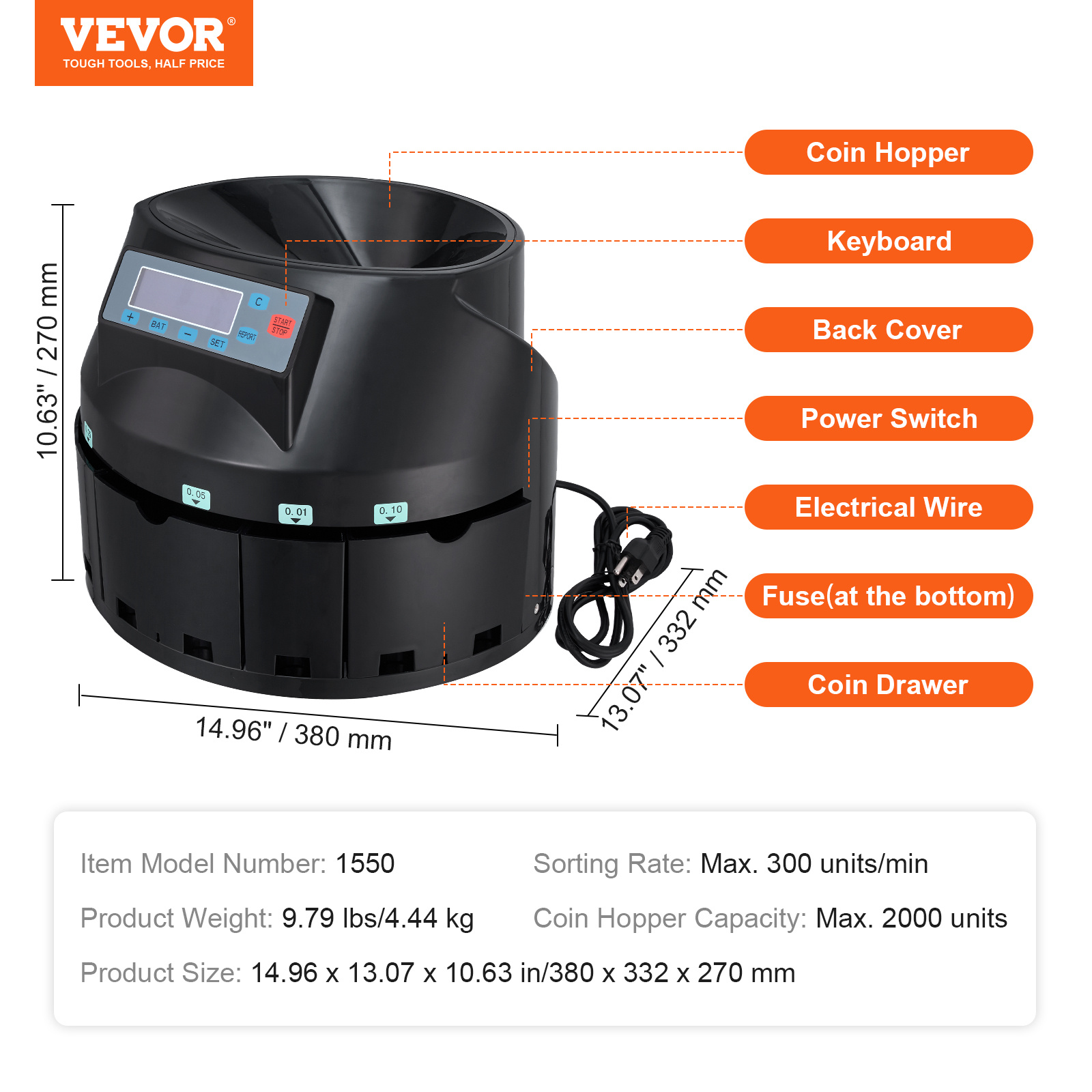 

Vevor Usd Coin Counter & Coin Sorters With Lcd Display, Coin Sorter Machine For Usd Coin 1 5 10 25 1, Sorts Up To 300 Coins/min, Change Counter Holds 2000 Coins Included 5 Coin Bins & 5 Tubes