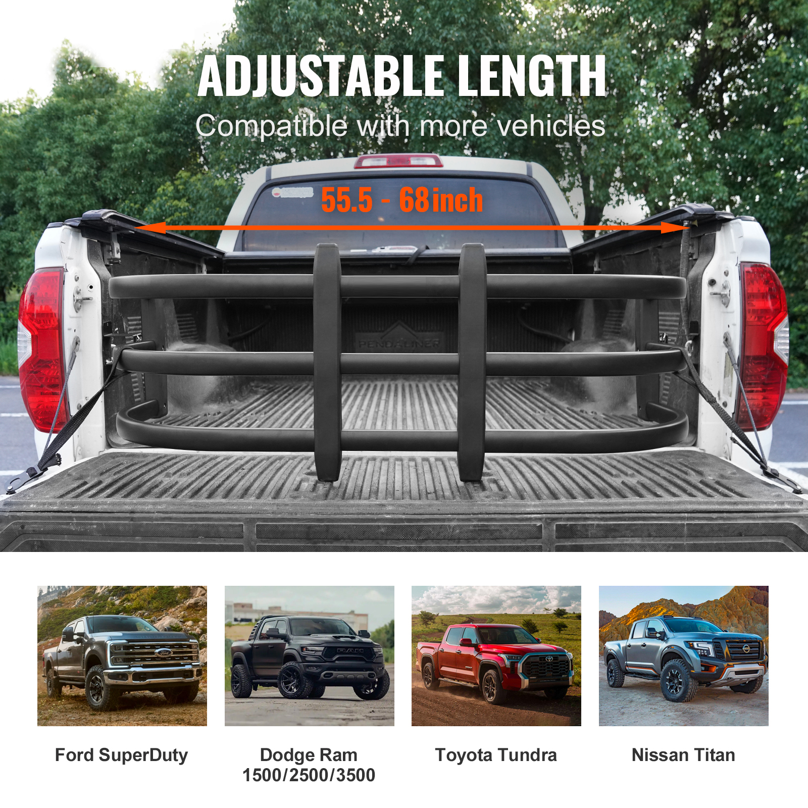 

Vevor Truck Bed Extender, For Ford , Dodge Ram 1500/2500/3500, Toyota Tundra, , Chevrolet Silverado, Gmc Sierra, Aluminum 55.5"-68" Retractable Extender, Drill Required