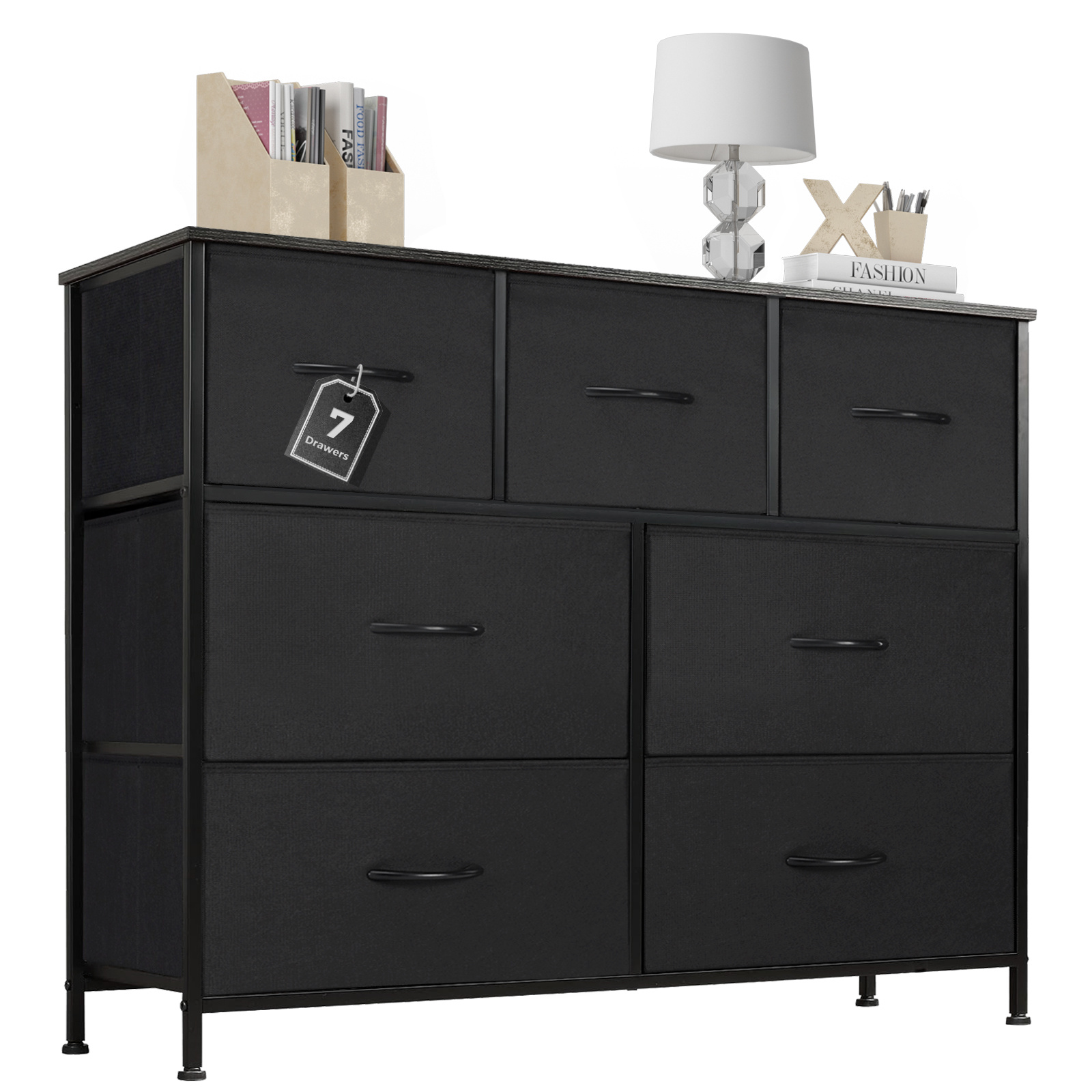 

7-drawer Dresser For Bedroom - Tall Fabric Storage Tower With Chest Of Drawers And Fabric Bins. Features Sturdy Metal Frame, Wood Tabletop, And Versatile For Closet, Or Entryway