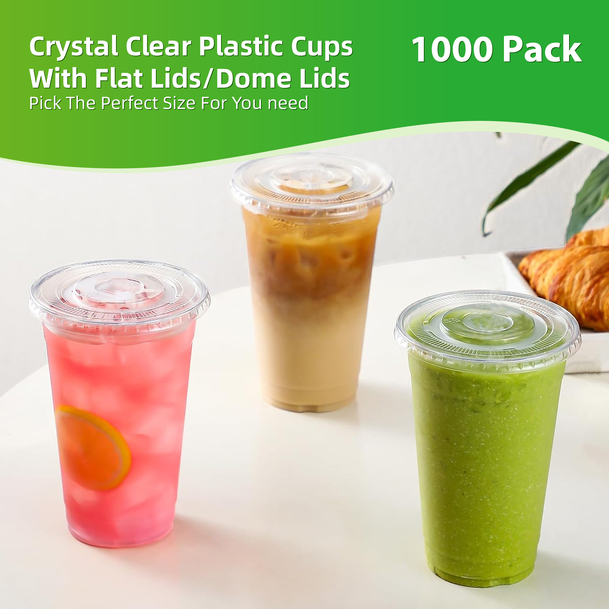 1000 Pack 12oz/16oz * Clear Plastic Cups, Bulk PET * Cups * in Flat Lids  and Dome Lids, Disposable Iced Coffee Cups for Cold  Drinking/Juice/Milkshake/Smoothie/Milkshake/Dessert/Fruit