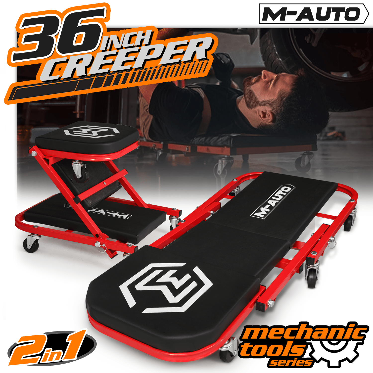 TEMU Foldable Z Creeper 2-in-1 Rolling Folding Car Creeper & Seat, 36" Adjustable Roller Garage Chair Lay Down Or Sit, 330lbs Capacity Under Car Roller Creeper With 6 Swivel Casters
