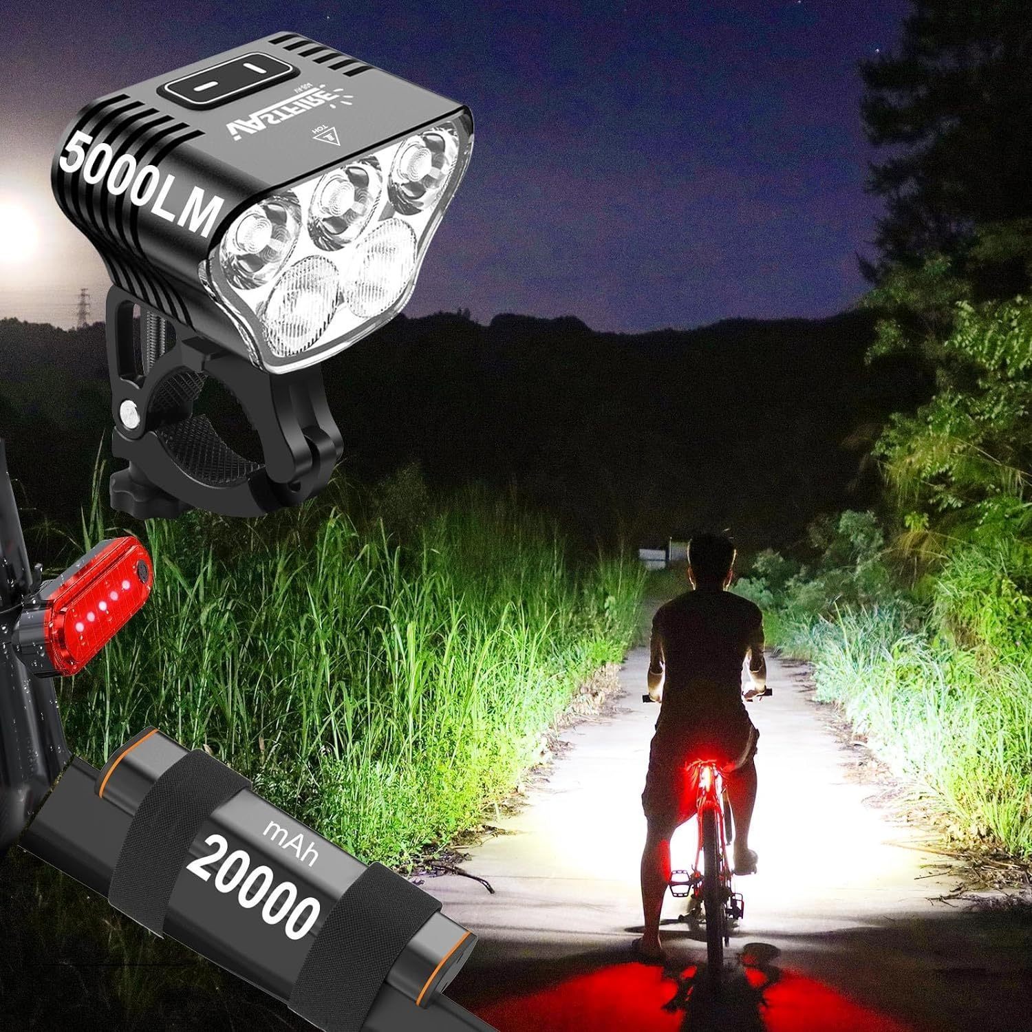 

Super Bright 5000 Lumens Bicycle Light High Power Aluminium Alloy Bike Lamp Front &rear Tail Lights For Night Riding 20000 Mah Rechargeable Battery Bicycle Light Front &rear Lamp Fits For Road