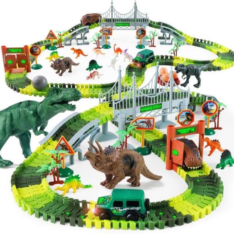 TEMU Dinosaur Toys Race Car Track With -the-dark Stickers Vehicle Playsets, 215 Pcs Road Toys For Boys, Best Gift