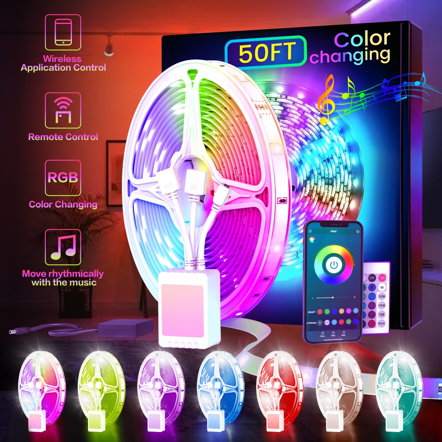 

50ft/100ft/130ft Rgb Led Light - Color Changing, Music Sync, Remote & App Control, Dynamic Lighting - U.s. Plug, 24v, Multi-size For Bedroom, Home, Decoration