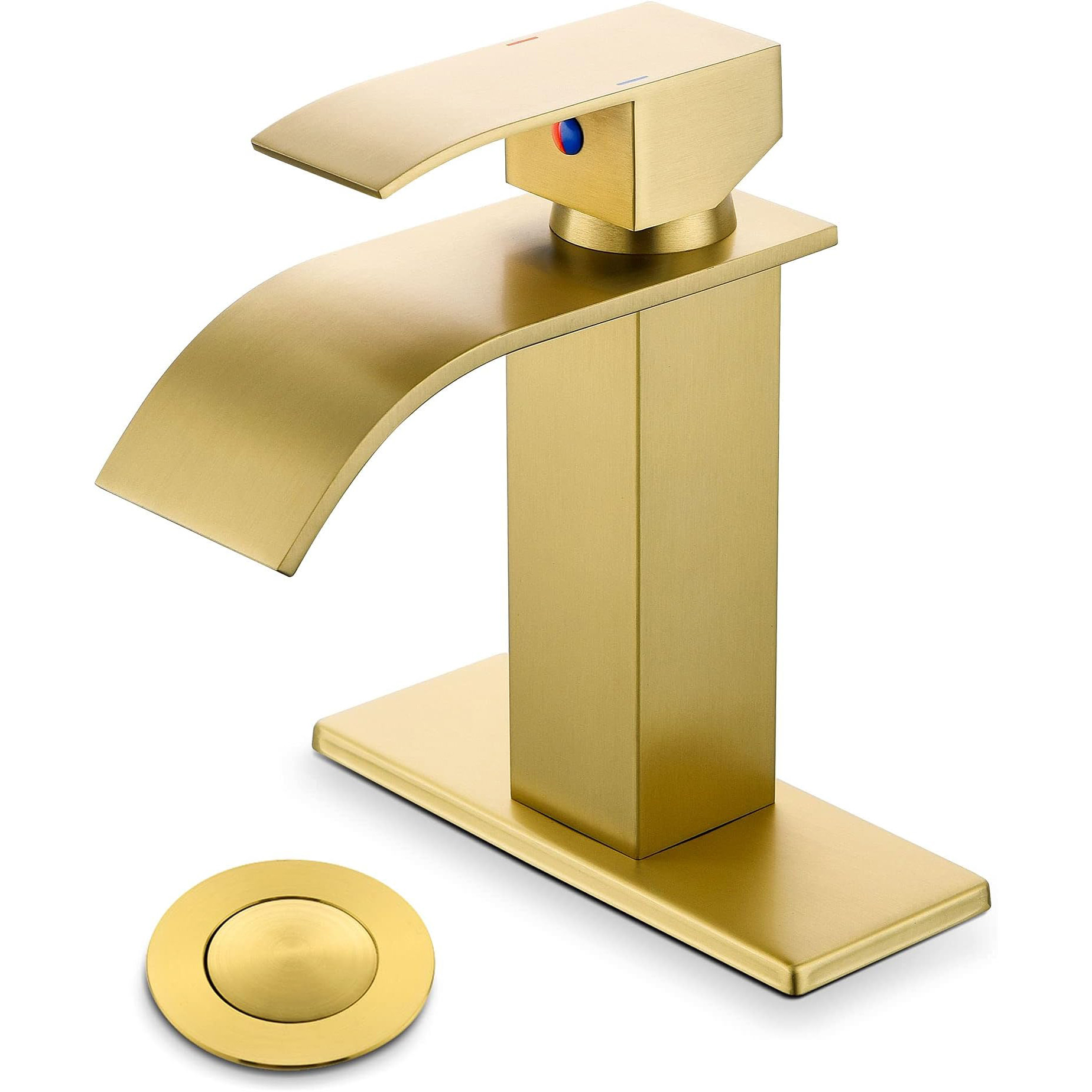 

Brushed Gold Waterfall Spout Single Hole Bathroom Faucet, Stainless Steel Single Lever Bathroom Vanity Sink Faucet With Drain, Supply Hose And Deck Plate