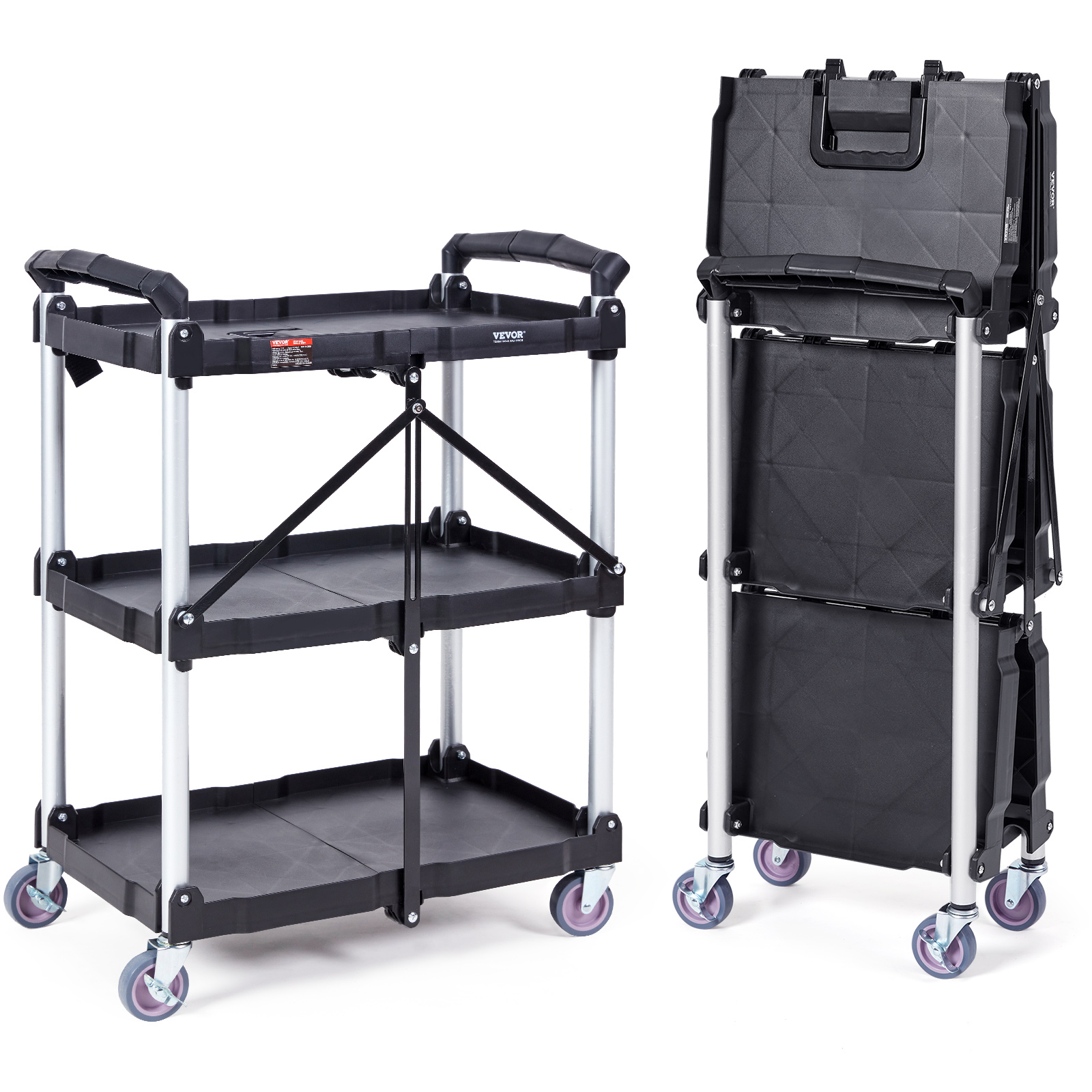 TEMU Foldable Utility Service Cart, 3 Shelf 165lbs Heavy Duty Plastic Rolling Cart With 360 Swivel Wheels (2 With Brakes), Ergonomic Handle, Portable
