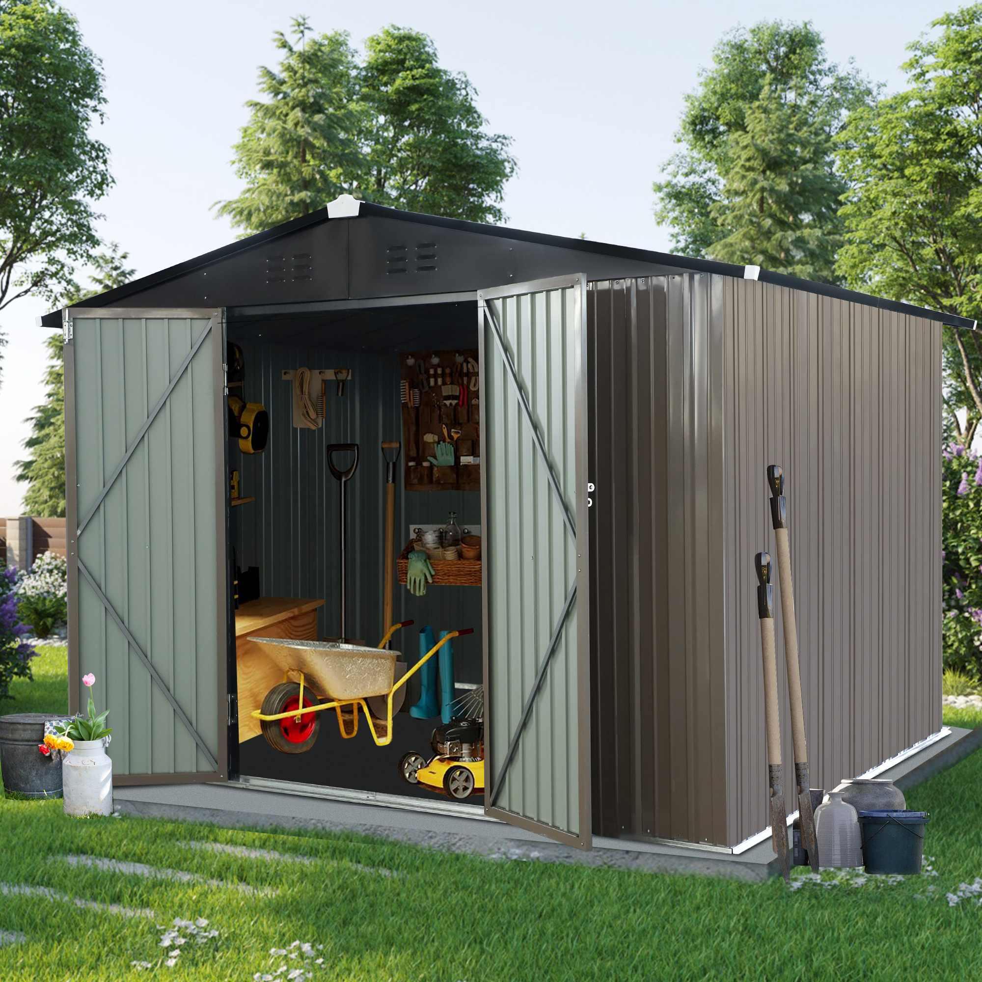 Outdoor Storage Shed 8x10 Ft, Utility Steel Tool Shed With Lockable ...