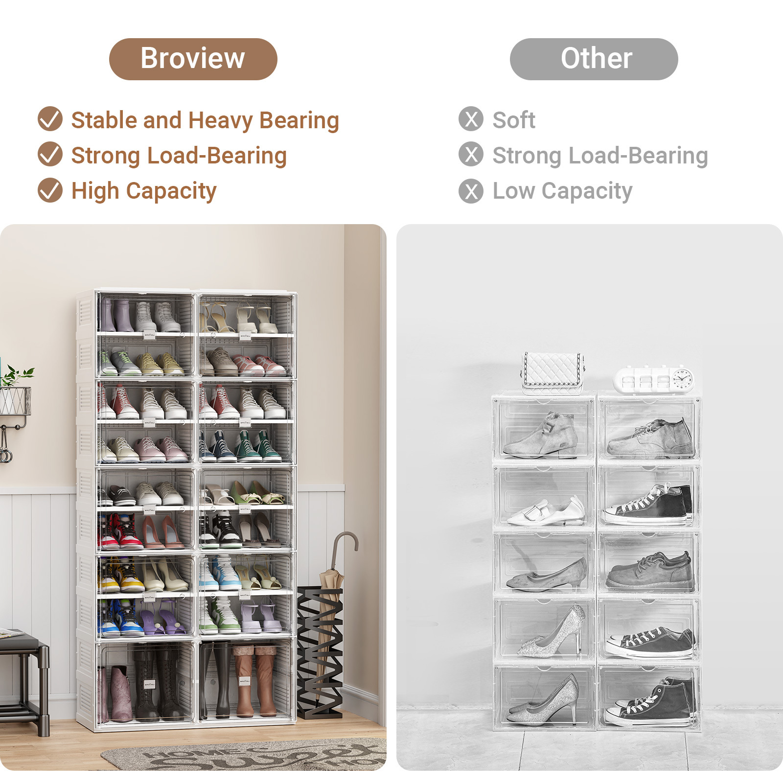 Rebrilliant 10 Tiers 20 Pairs Portable Shoe Organizer Storage Boxes With Magnetic Door, Free-standing Folding Shoe Rack For Closet Entryway Fits Size 12