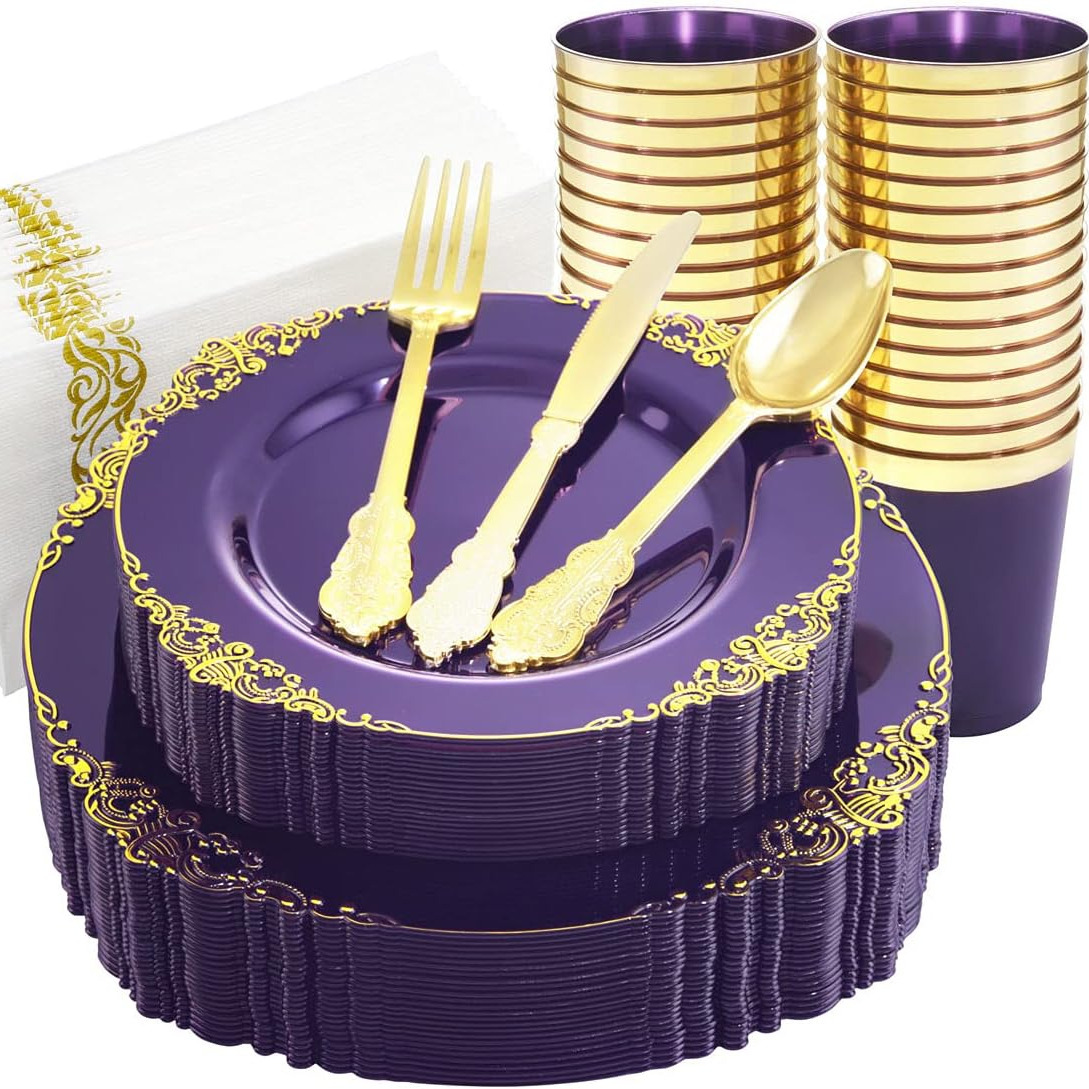 

175pcs Clear Purple Gold Plastic Plates For 25 Guests Include 25dinner & 25dessert Plates, 25cups, 25forks, 25knives, 25spoons, 25napkins For Wedding&party