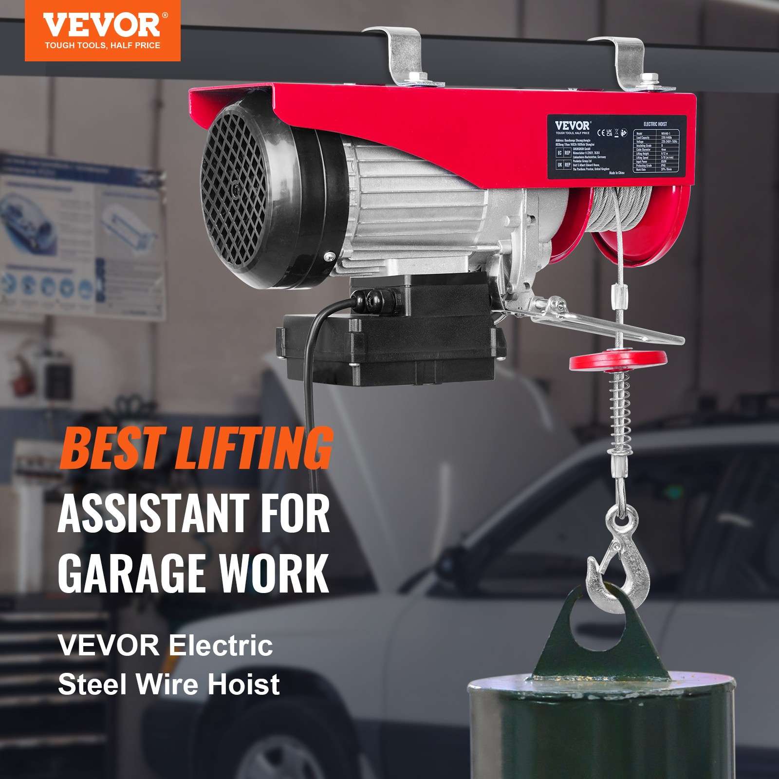 TEMU Vevor Electric Hoist, 440 Lbs Lifting Capacity, 480w 120v Electric Steel Wire Winch With Wireless Remote Control, 40ft Single Cable Lifting