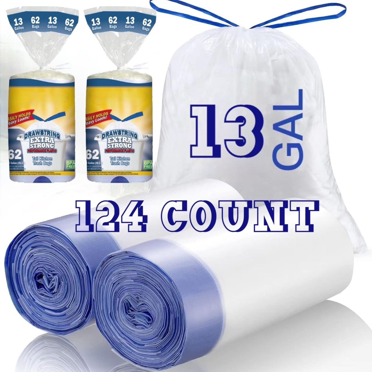 

124 Count Trash Bag 13 Gallon Medium Drawstring Garbage Bags For 13 Gallon Trash Cans, Kitchen Bedroom Bathroom Living Room Office Restaurant Thickened Stretchy (124 Count)