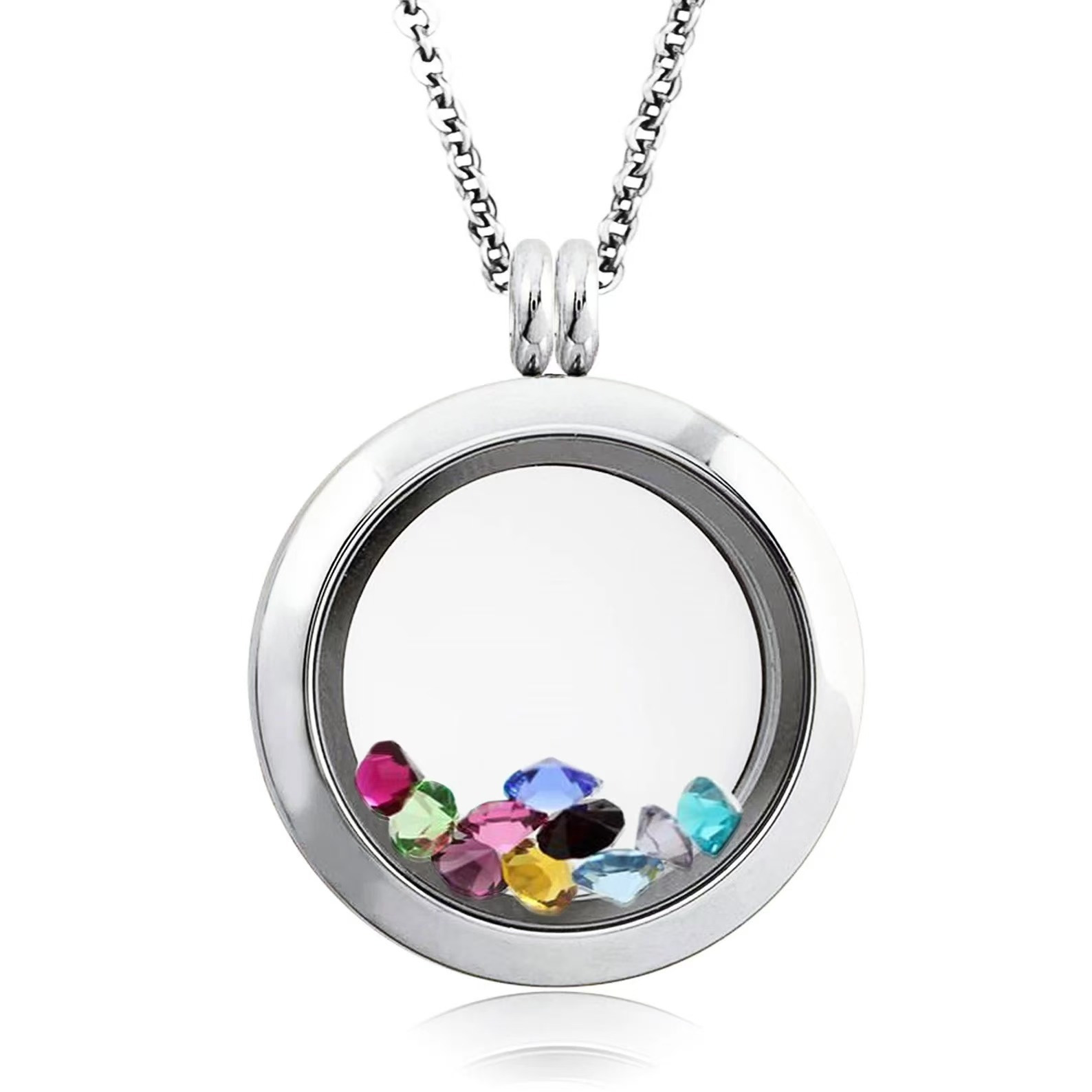 

25mm Locket Pendant | Stainless Steel Minimalist Classic Birthstones Cz Cubic Zirconia Floating Glass Dainty Charm Necklace