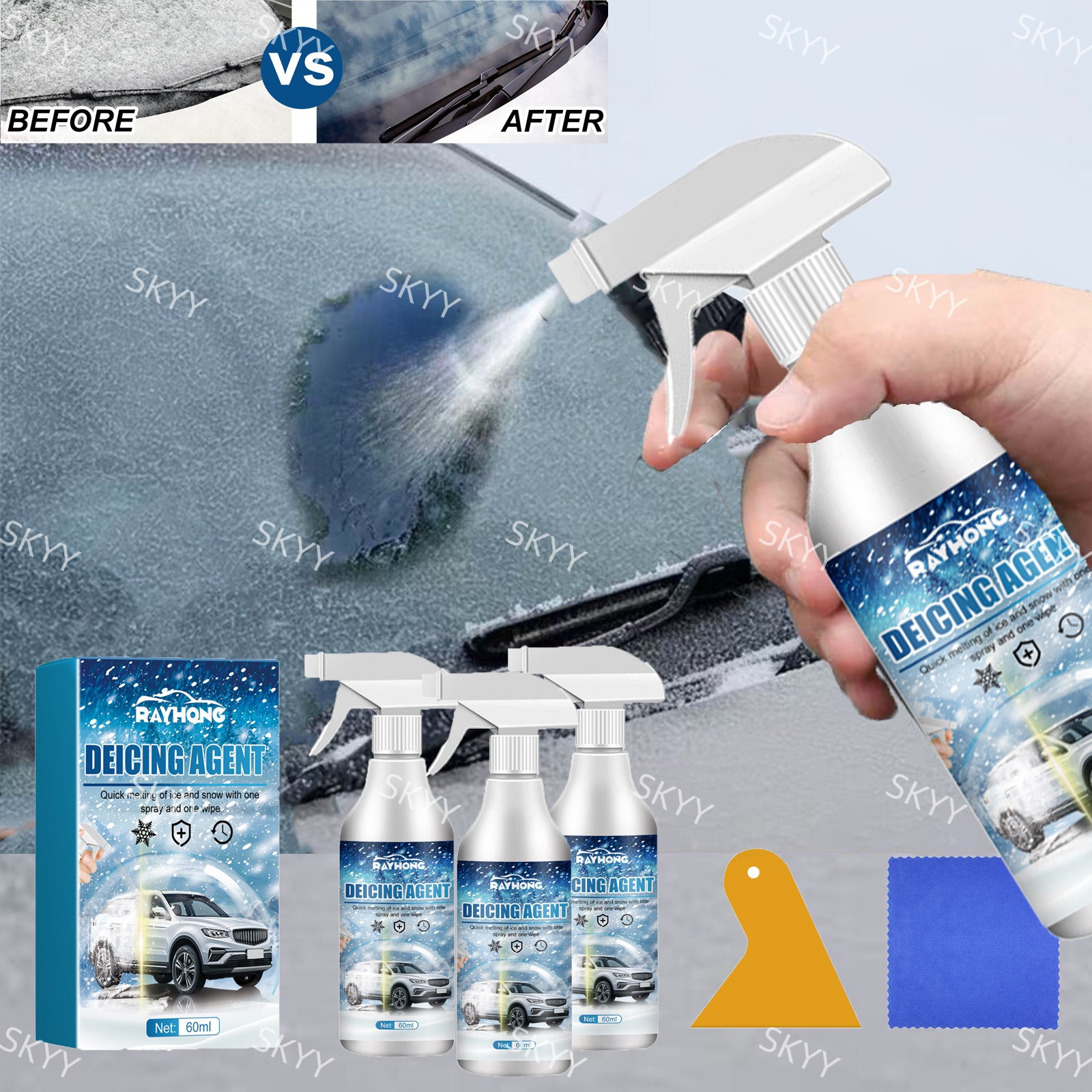 TEMU 3pcs 180ml Car De- Car Snow Melter Car Window De- - Windshield De-, Car Snow Remover Spray, Melts Ice, Snow And On Car Windshield, Windows, Mirrors, Key Locks