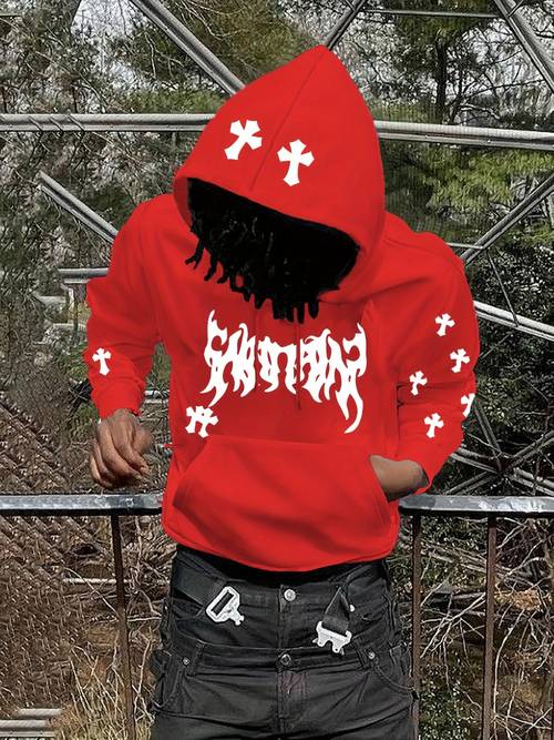 gothic letter and cross graphic print mens pullover long sleeve hoodie versatile hooded sweatshirt with kangaroo pocket for autumn winter